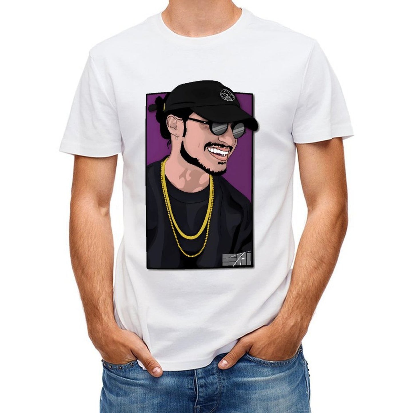Inkmay Casual Cotton T-shirt Man Wearing Black Hat And Sunglasses Unisex T-shirtPrinting ComfortSeries T-Shirt