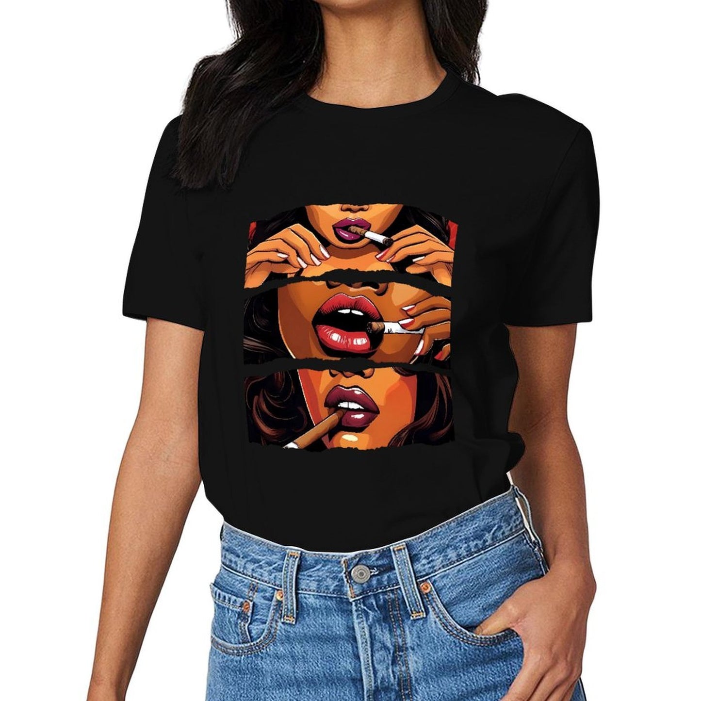 Inkmay Casual Cotton T-shirt Smoking Woman Artistic Pattern Prints Design Unisex T-shirtRecycled Natural T-Shirt