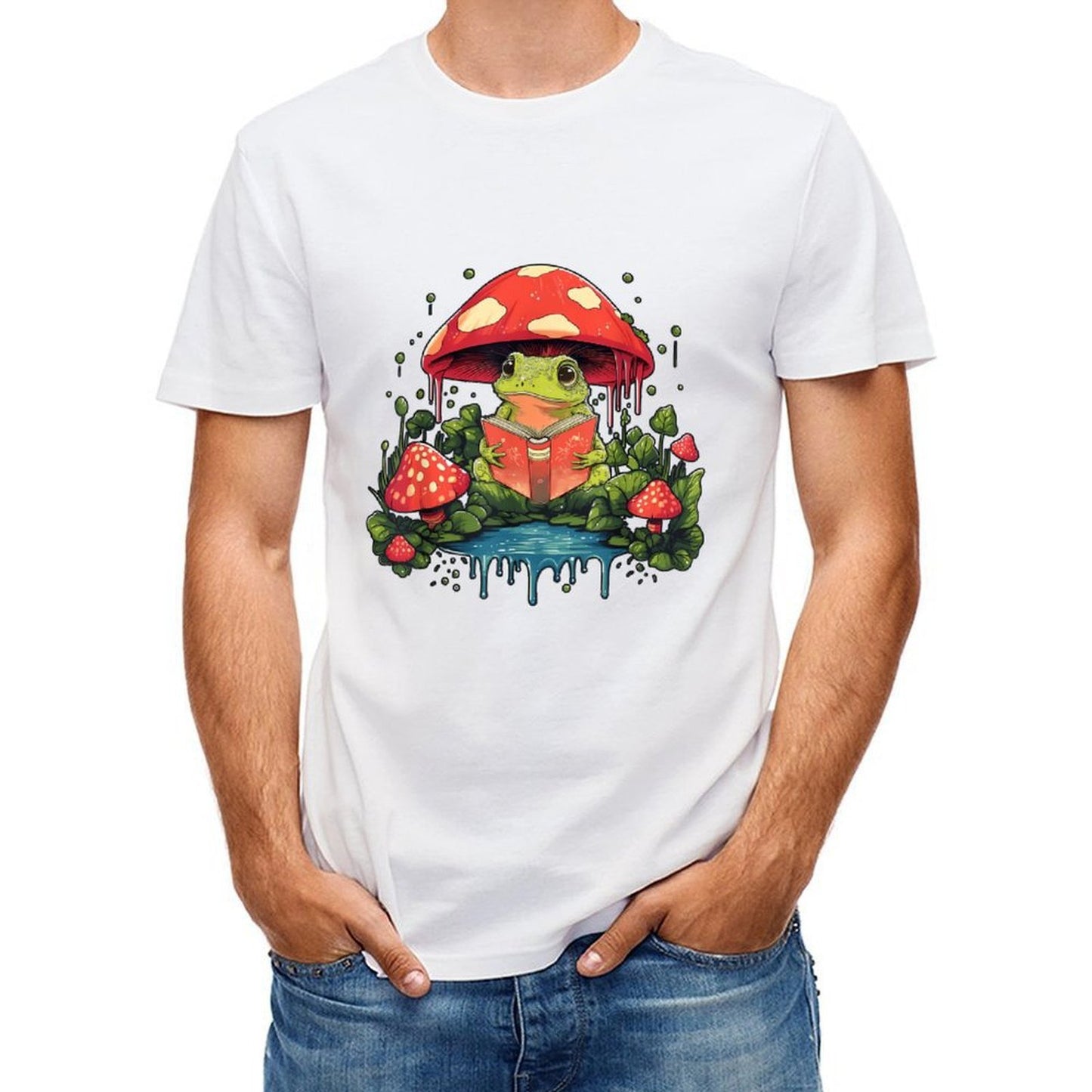 Inkmay Casual Cotton T-shirt Frog Reading Under Mushroom In Forest Unisex T-shirtMinimalist Edition T-Shirt