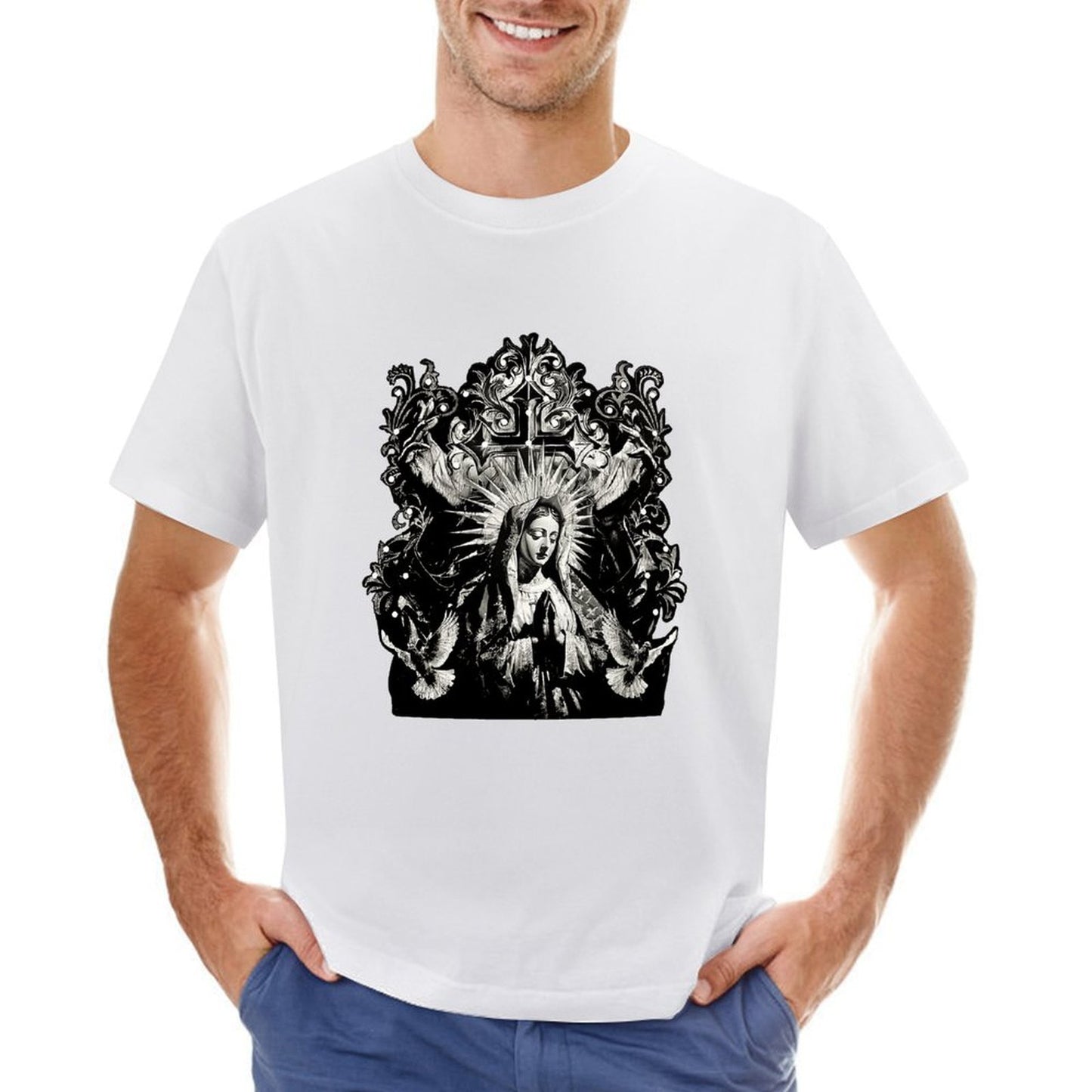Inkmay Casual Cotton T-shirt Virgin Mary With Radiant Halo Wings Unisex T-shirtOversized Premium Finish T-Shirt