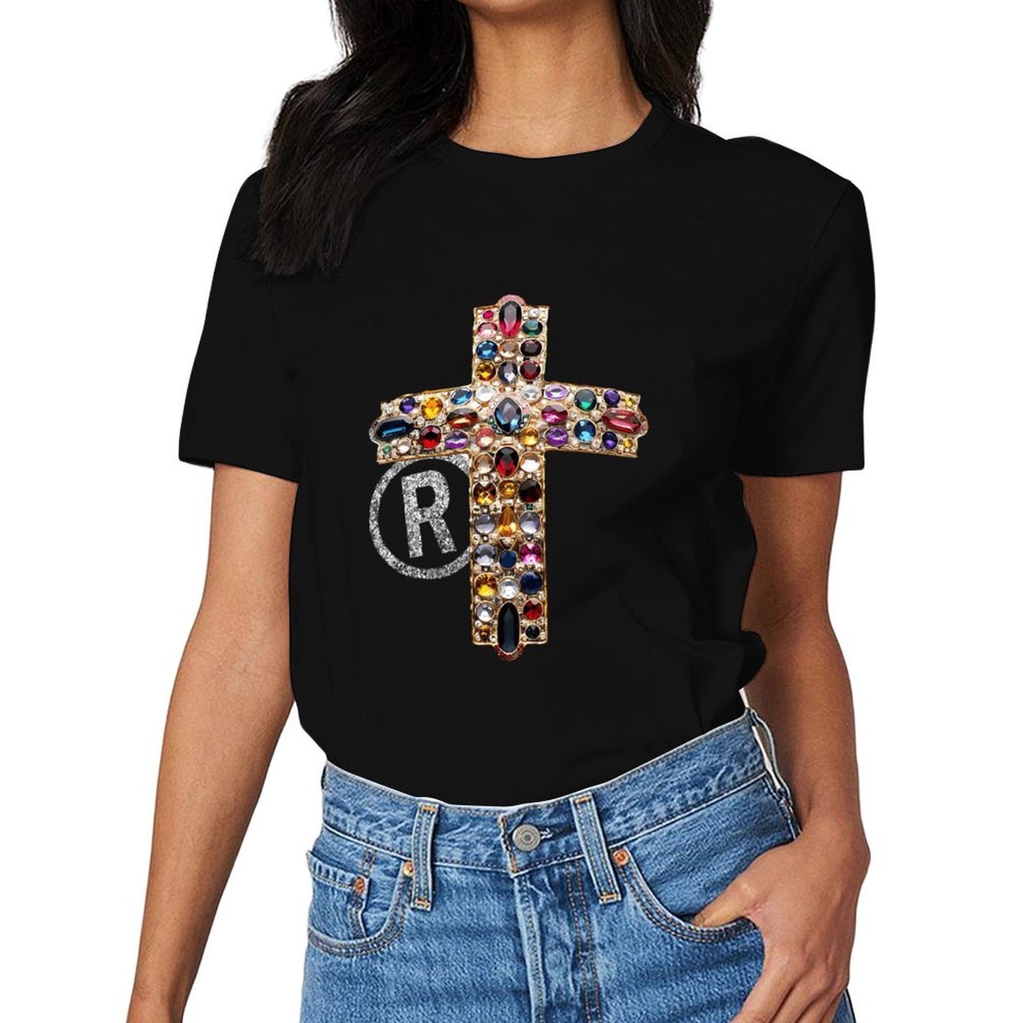 Inkmay Casual Cotton T-shirt Elegant Cross With Gemstones And Rhinestones Unisex T-shirtEco / Sustainable EverydayWear T-Shirt