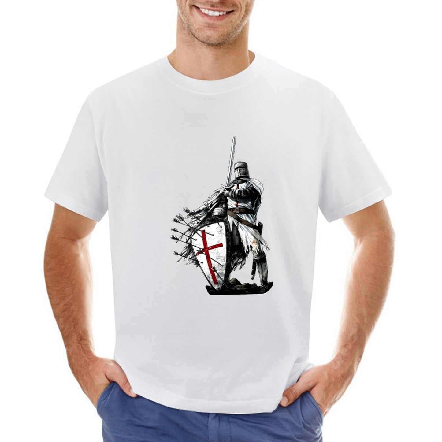 Inkmay Casual Cotton T-shirt Knight In Armor Holding Shield Sword Unisex T-shirtOn-Demand Batch-Printed T-Shirt