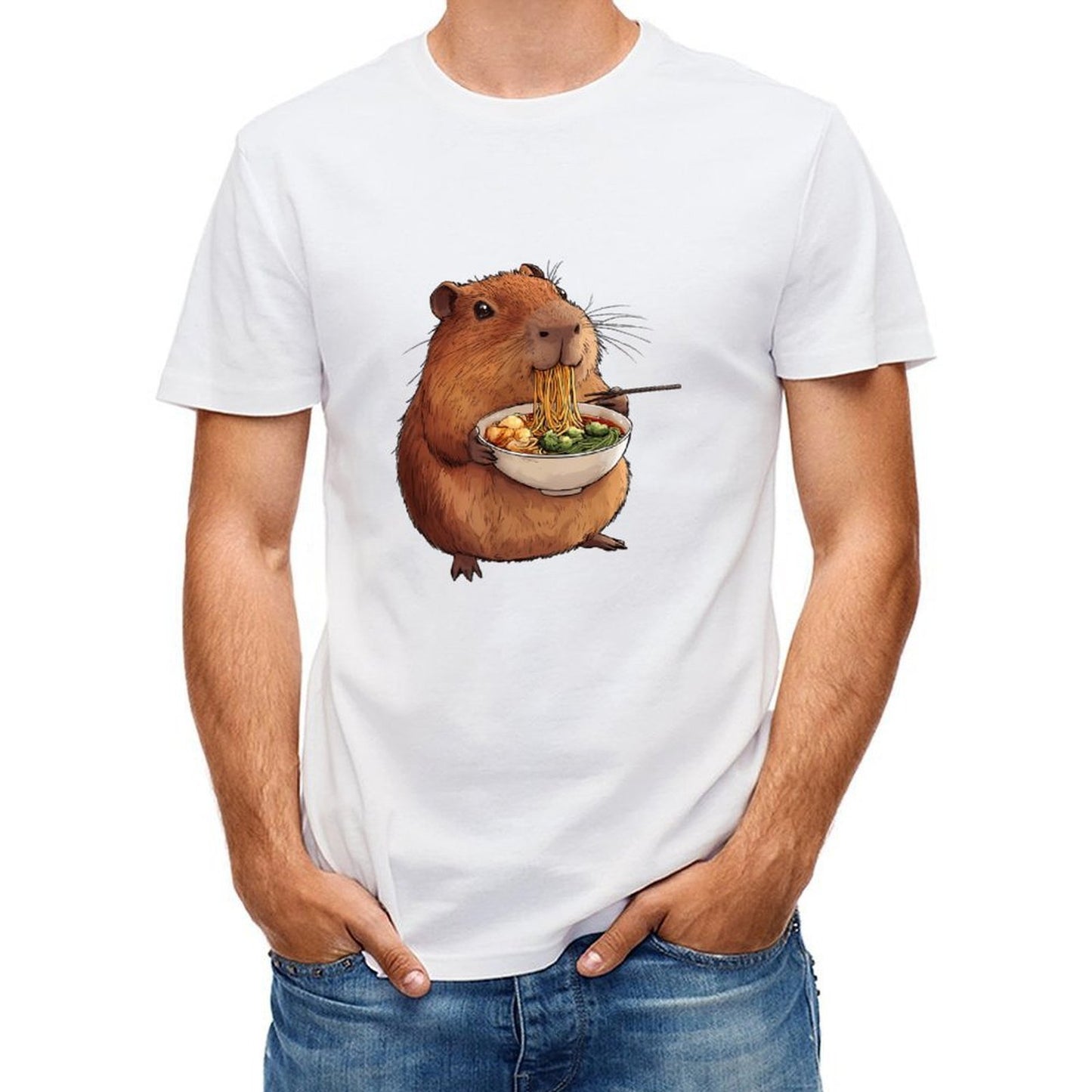 Inkmay Casual Cotton T-shirt Cute Hamster Eating Noodles With Chopsticks Unisex T-shirtUltra Durable Retro T-Shirt