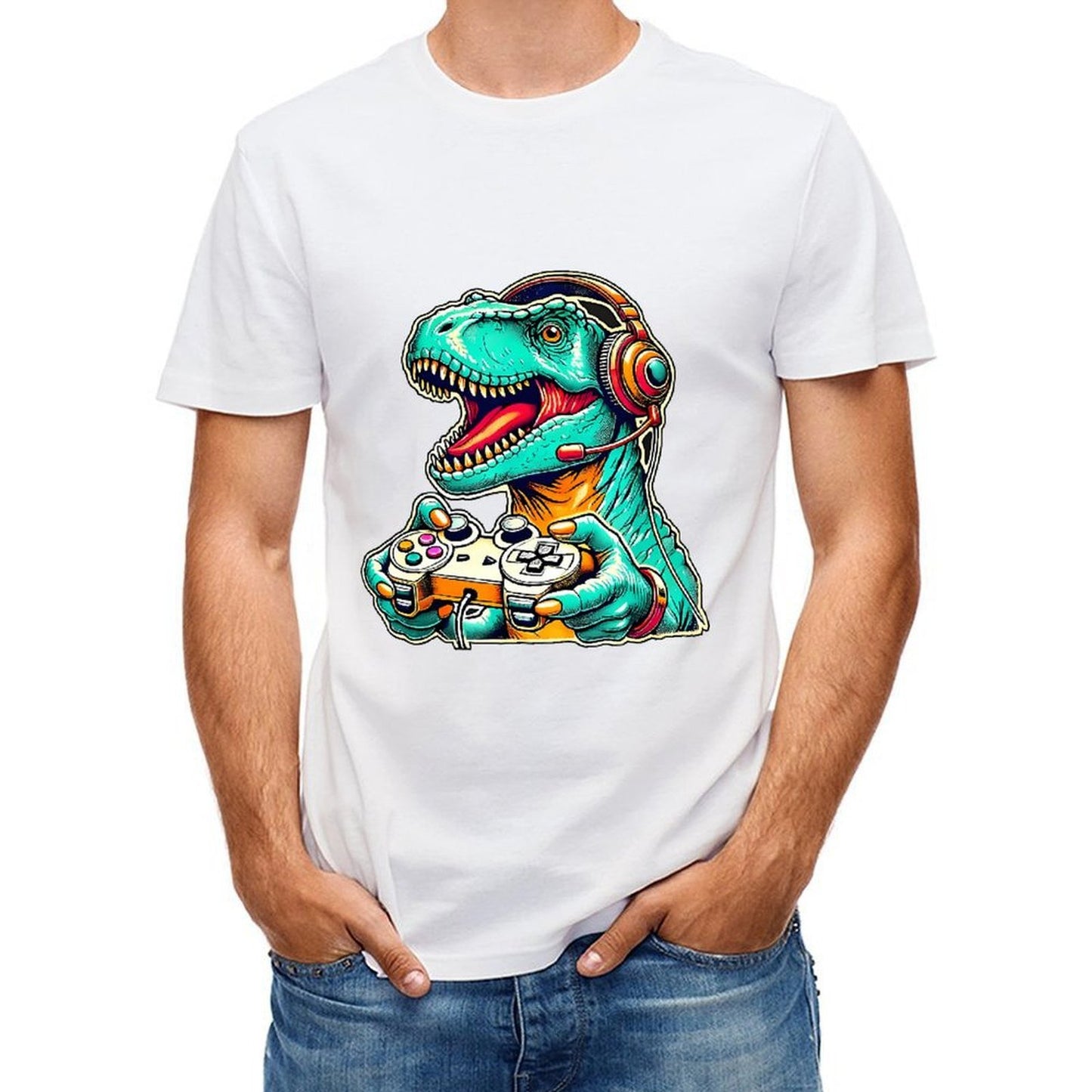 Inkmay Casual Cotton T-shirt Gaming Dinosaur With Headphones And Unisex T-shirtClassic Easy-Care T-Shirt