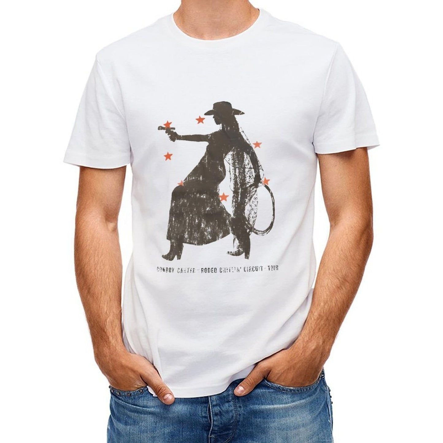 Inkmay Casual Cotton T-shirt Cowboy Silhouette With Orange Floral Accents Unisex T-shirtHeavyweight Fitted T-Shirt