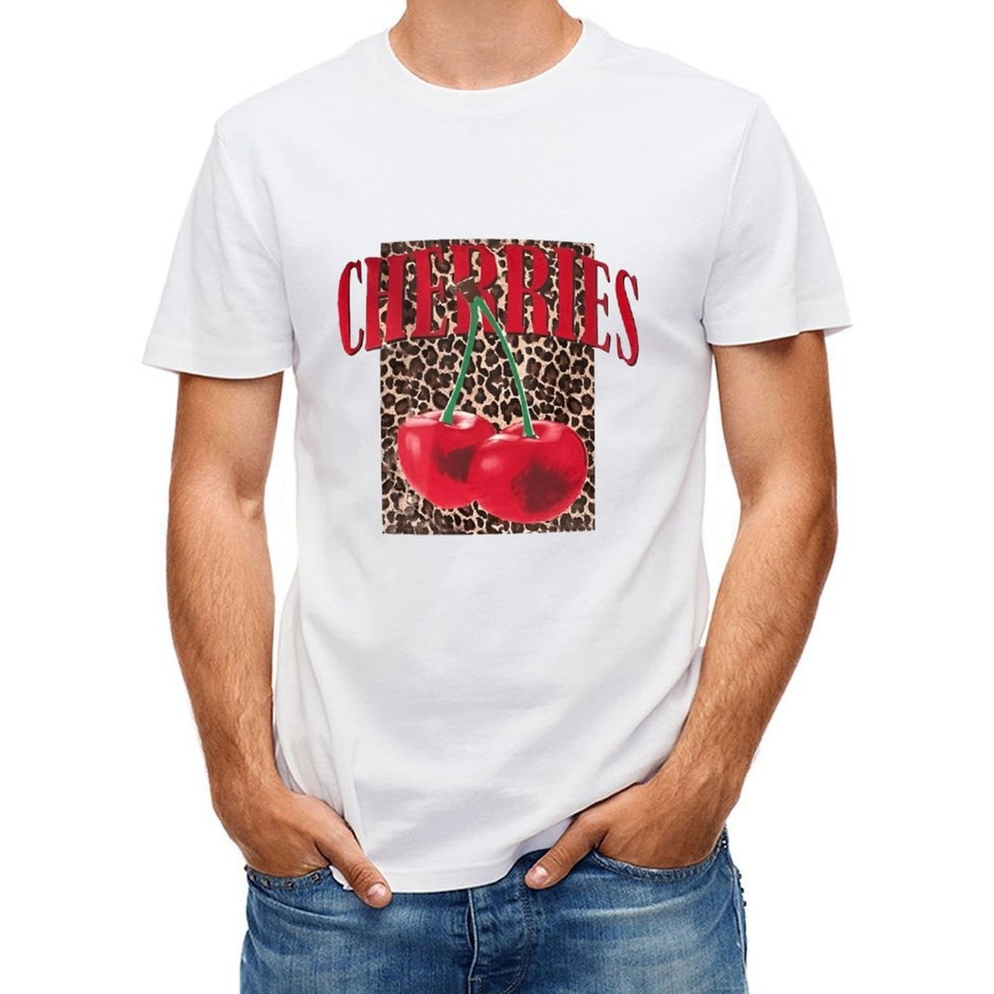 Inkmay Casual Cotton T-shirt Cherries On Leopard Print Background Art Unisex T-shirtClassicSeries CityStyle T-Shirt