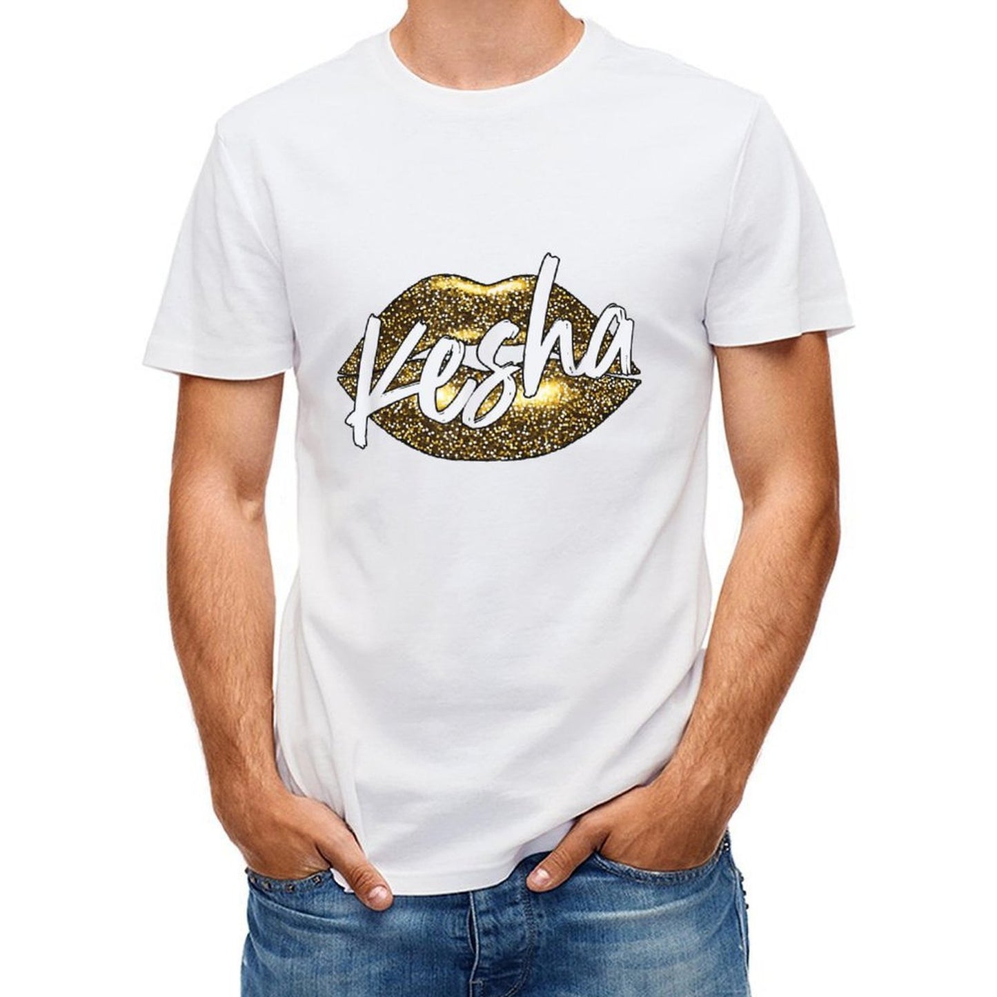 Inkmay Casual Cotton T-shirt Golden Lips With Kesha Written Unisex T-shirtSmoothWear Crewneck T-Shirt