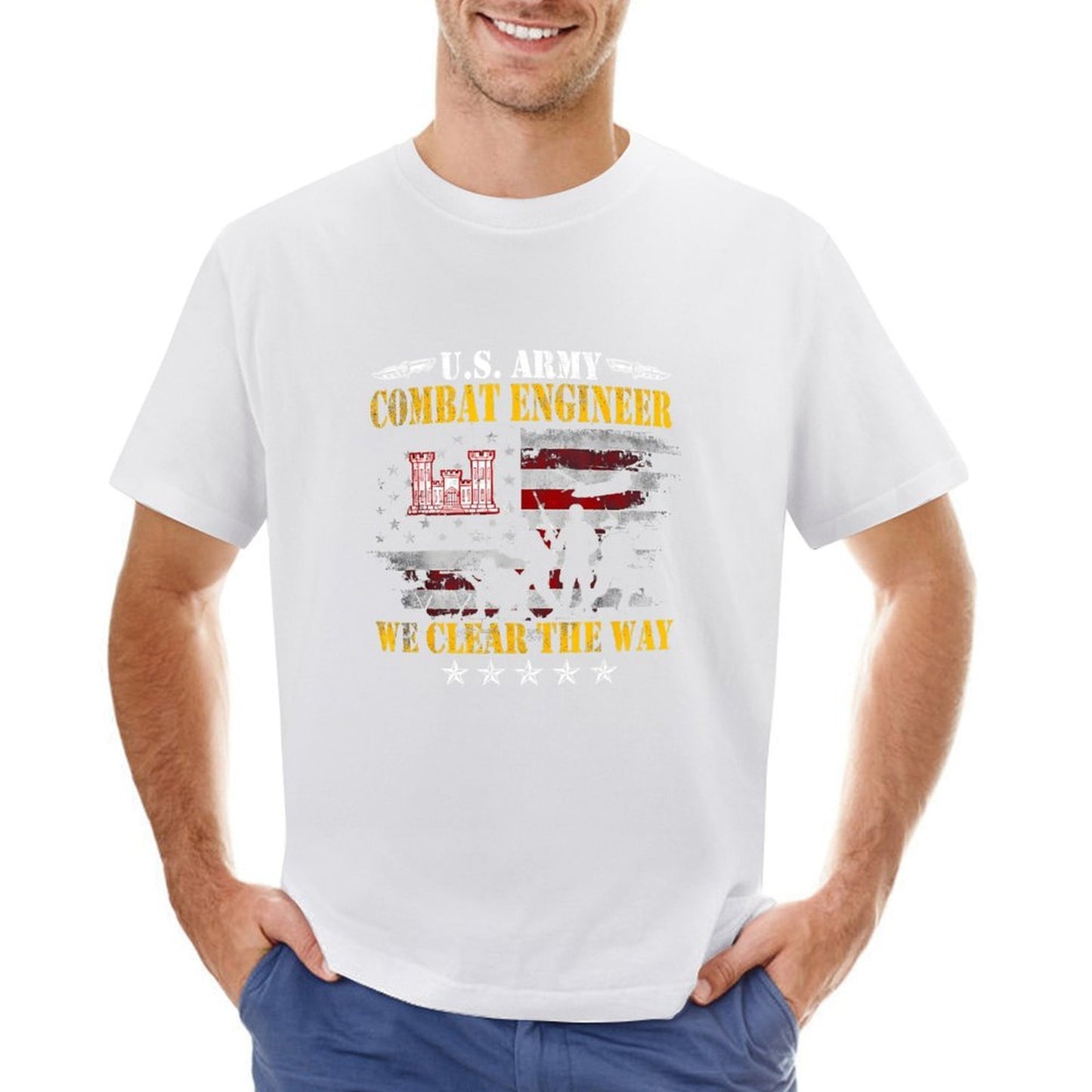 Inkmay Casual Cotton T-shirt Combat Engineer Flag Silhouette Soldier Design Unisex T-shirtClean Edges Relaxed Fit T-Shirt