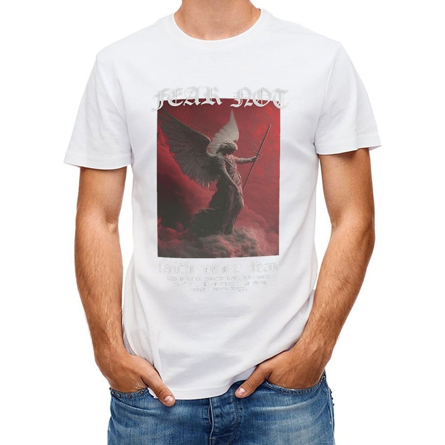 Inkmay Casual Cotton T-shirt Angel With Sword Over Clouds Unisex T-shirt