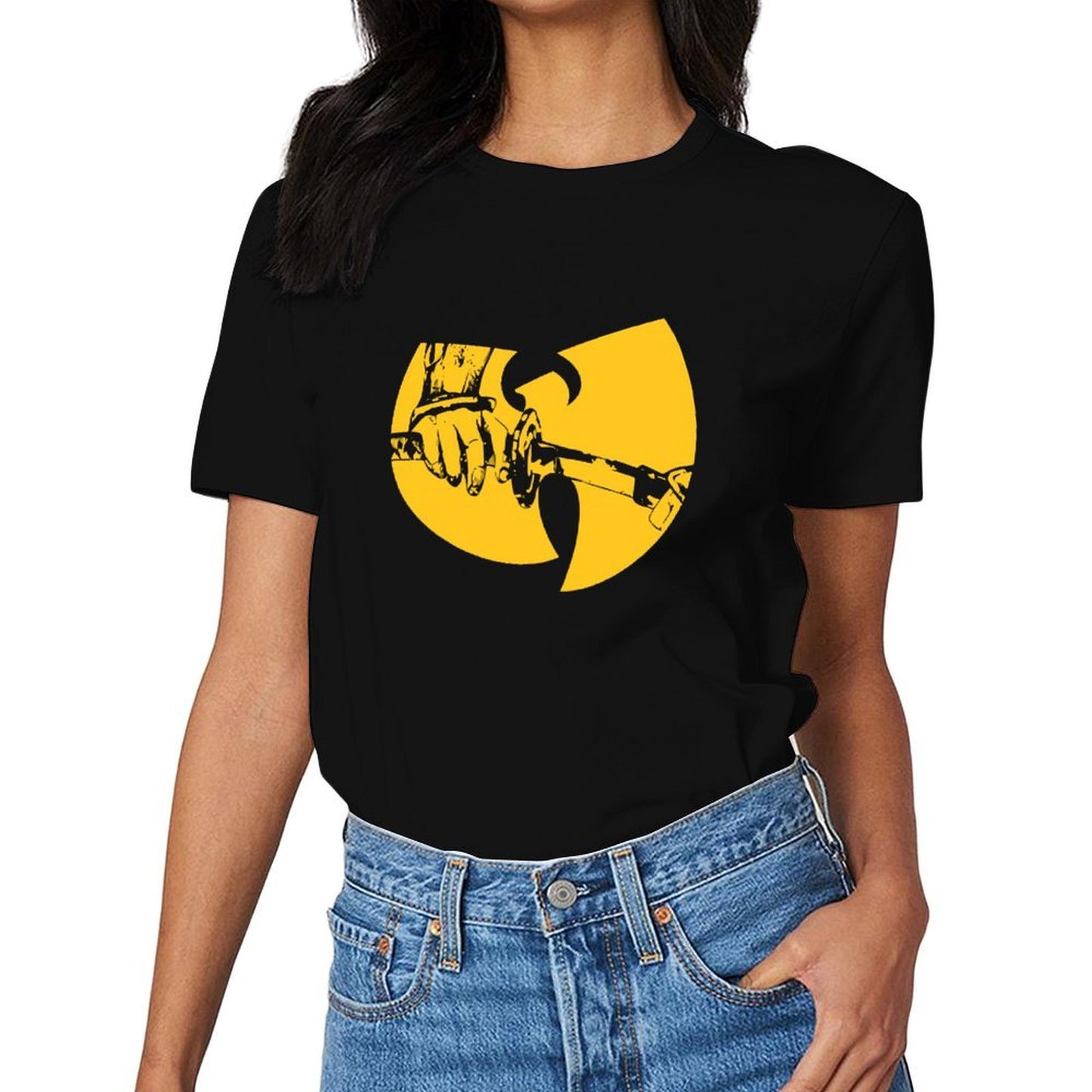 Inkmay Casual Cotton T-shirt Solid Yellow Background With White Lines Unisex T-shirtHeavyweight Heat-Transfer T-Shirt