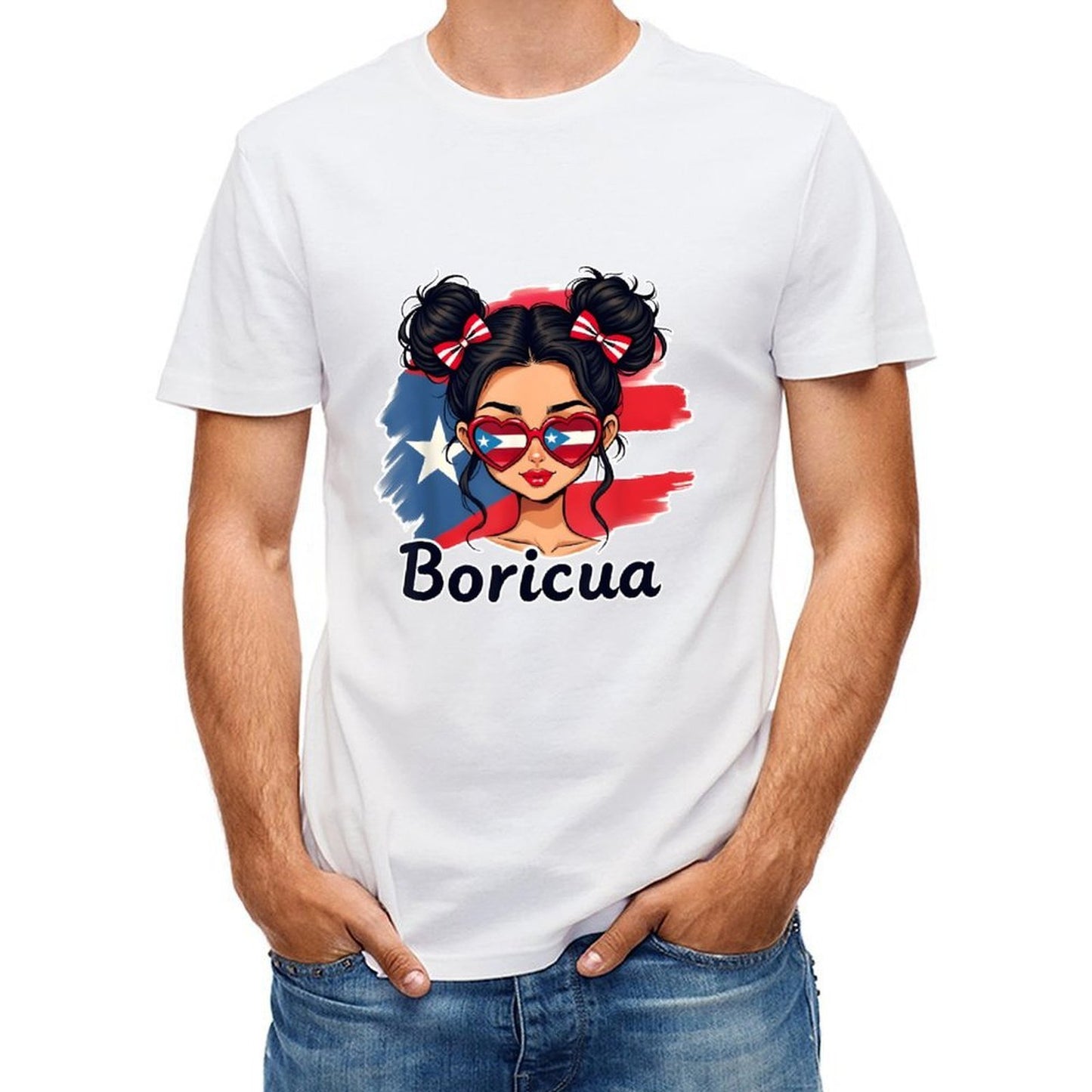 Inkmay Casual Cotton T-shirt Puerto Rican Flag Heart Glasses Boricua Unisex T-shirtSharp Pure T-Shirt