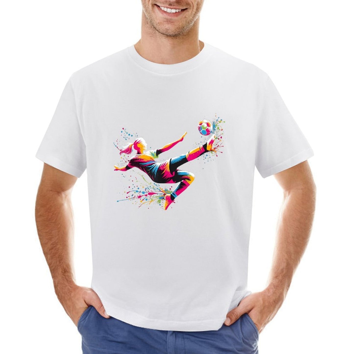 Inkmay Casual Cotton T-shirt Vibrant Soccer Player Kicking Ball Artwork Unisex T-shirt
