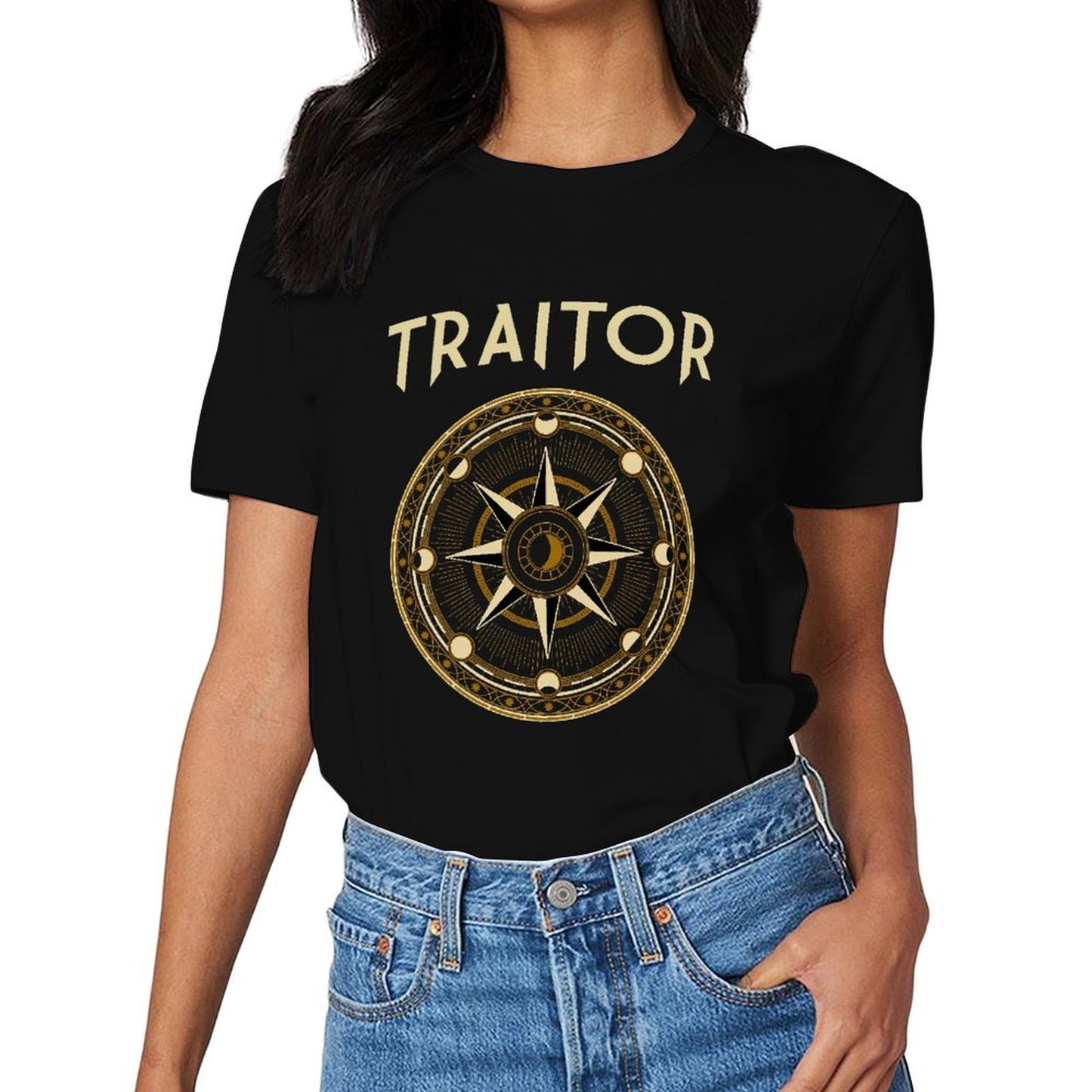 Inkmay Casual Cotton T-shirt Circular Compass Design With Gold Accents Unisex T-shirtLightweight Urban T-Shirt