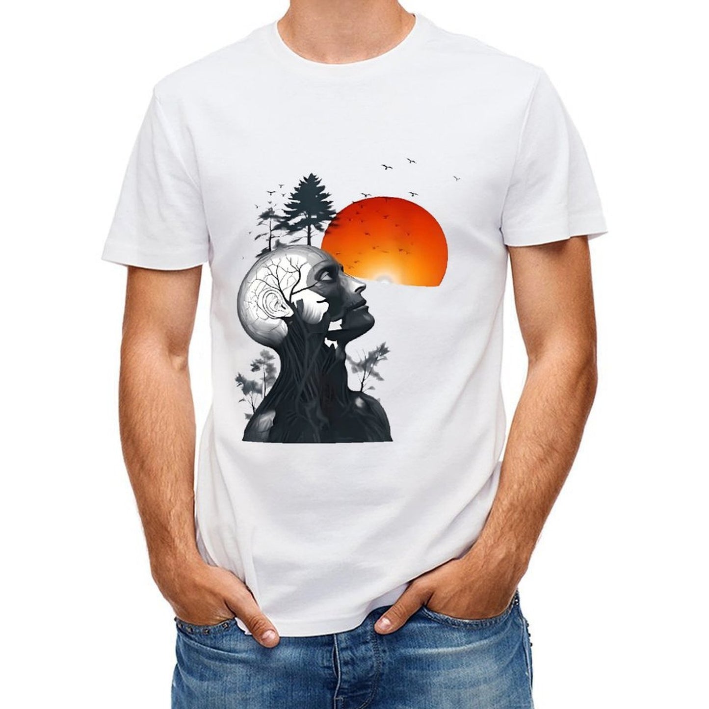 Inkmay Casual Cotton T-shirt Abstract Human Head With Nature Elements Unisex T-shirtFresh Wrinkle-Free T-Shirt