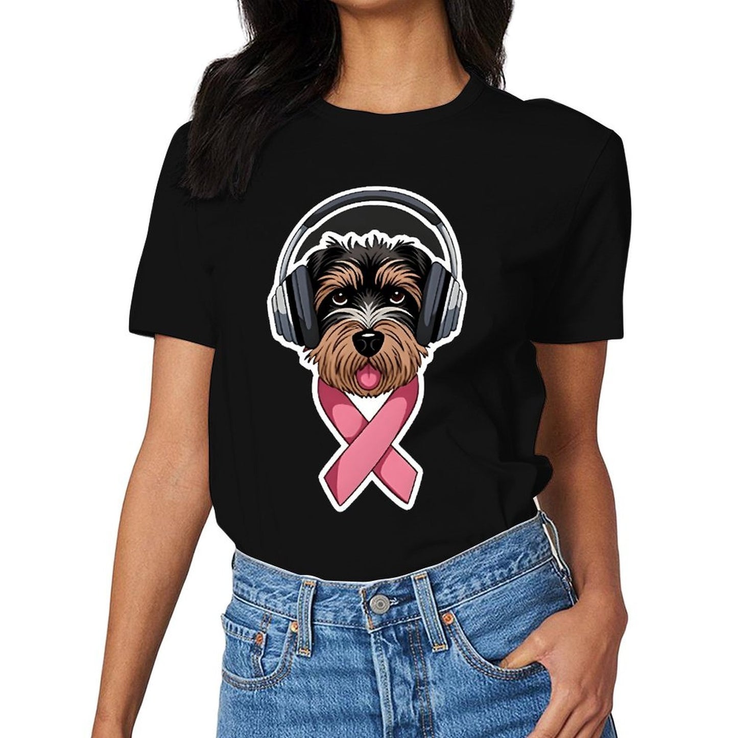 Inkmay Casual Cotton T-shirt Dog Wearing Headphones Pink Ribbon Support Unisex T-shirtClean Chill T-Shirt