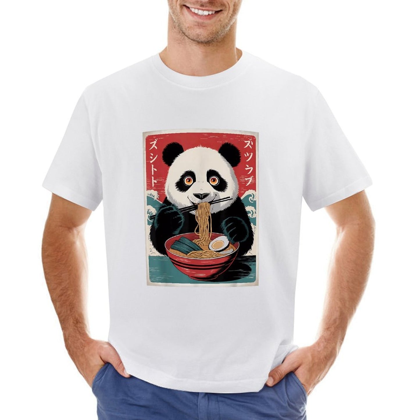 Inkmay Casual Cotton T-shirt Panda Eating Noodles With Chopsticks Art Unisex T-shirt