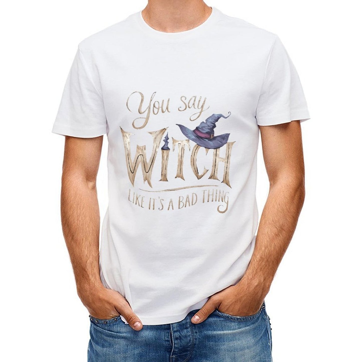 Inkmay Casual Cotton T-shirt Witch Hat And Magical Words Art Unisex T-shirtClassicStyle ComfortSeries T-Shirt