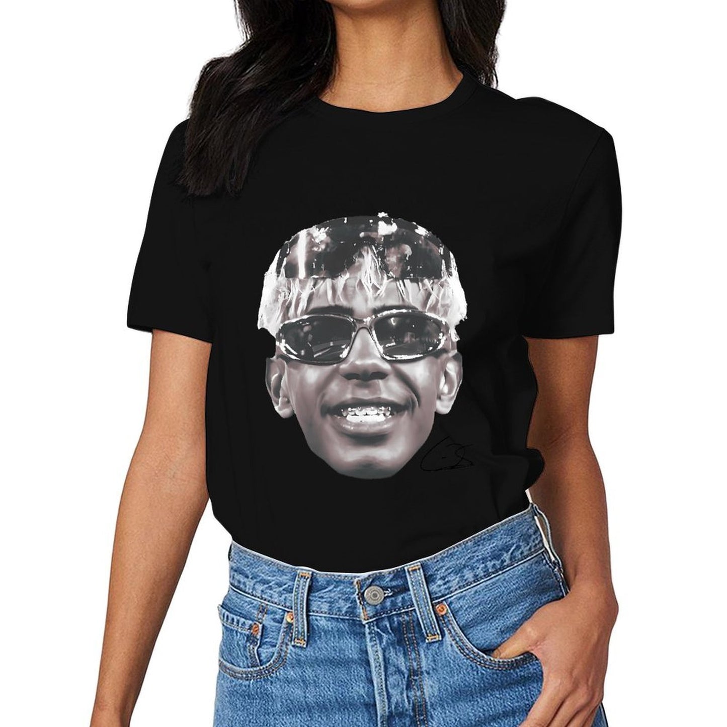 Inkmay Casual Cotton T-shirt Stylized Face With Reflective Sunglasses Design Unisex T-shirtSport YearRound T-Shirt