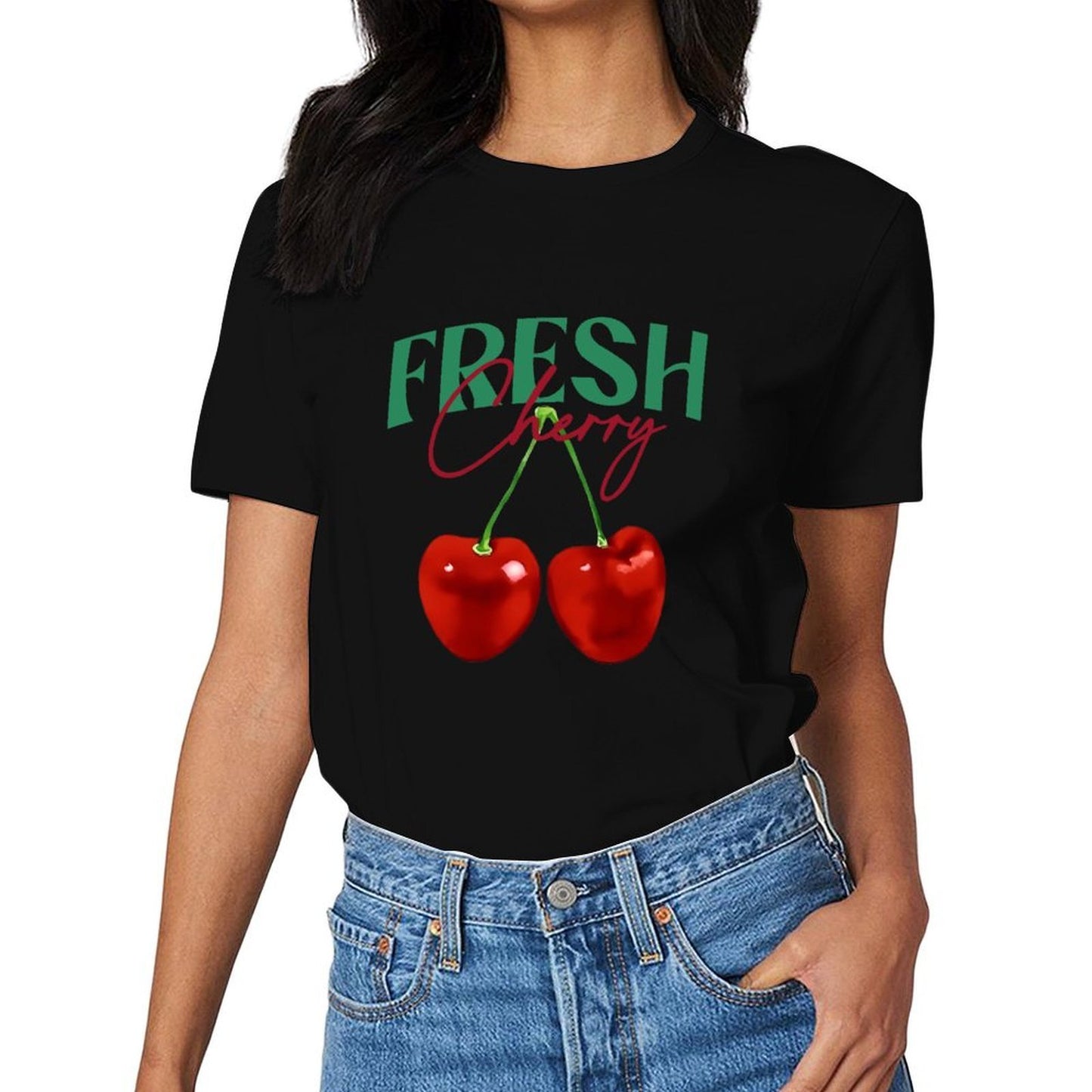 Inkmay Casual Cotton T-shirt Cherry Pattern Prints Fresh And Vibrant Unisex T-shirtBasic Plain T-Shirt