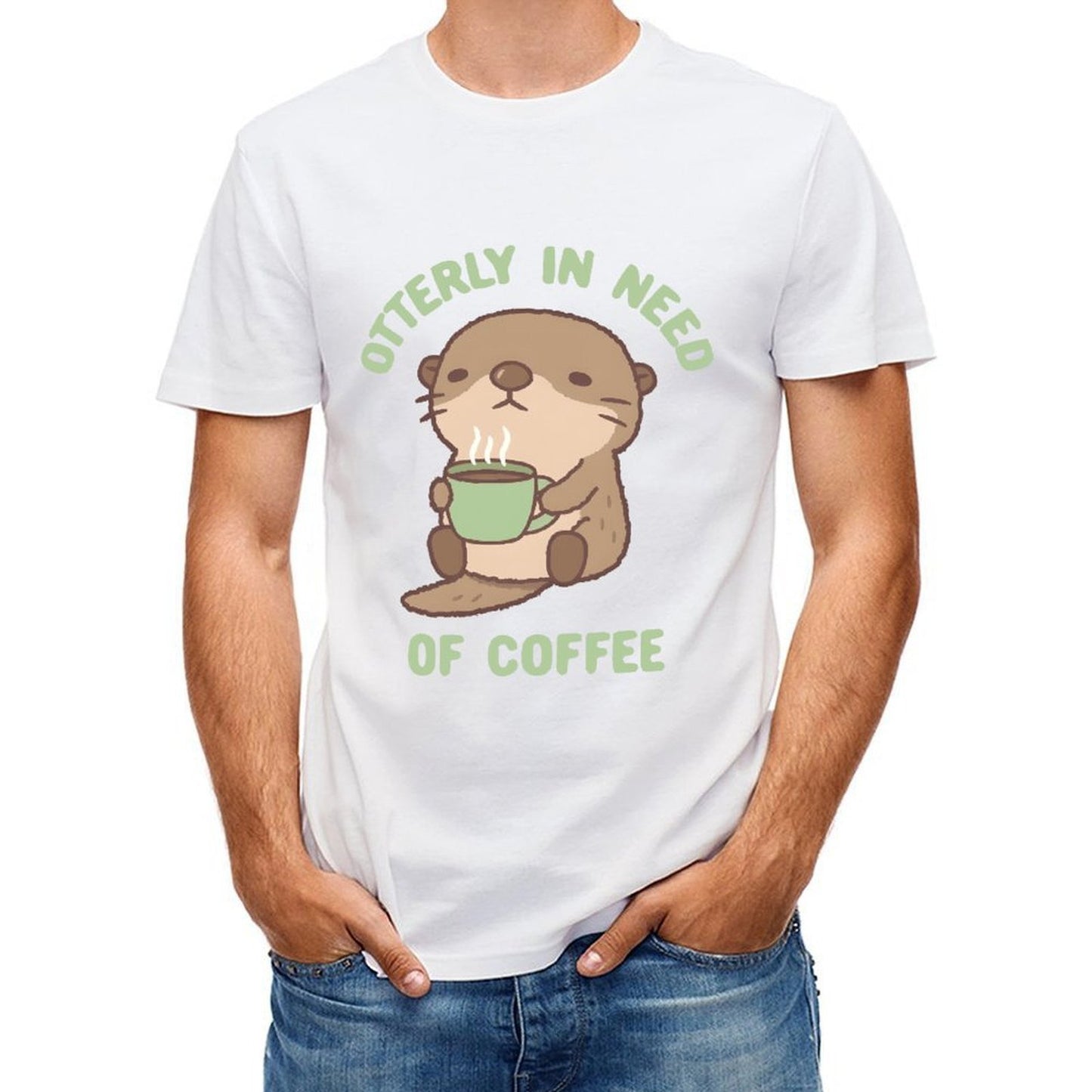 Inkmay Casual Cotton T-shirt Cute Otter Holding Green Coffee Cup Unisex T-shirtMade-to-Order Essential T-Shirt