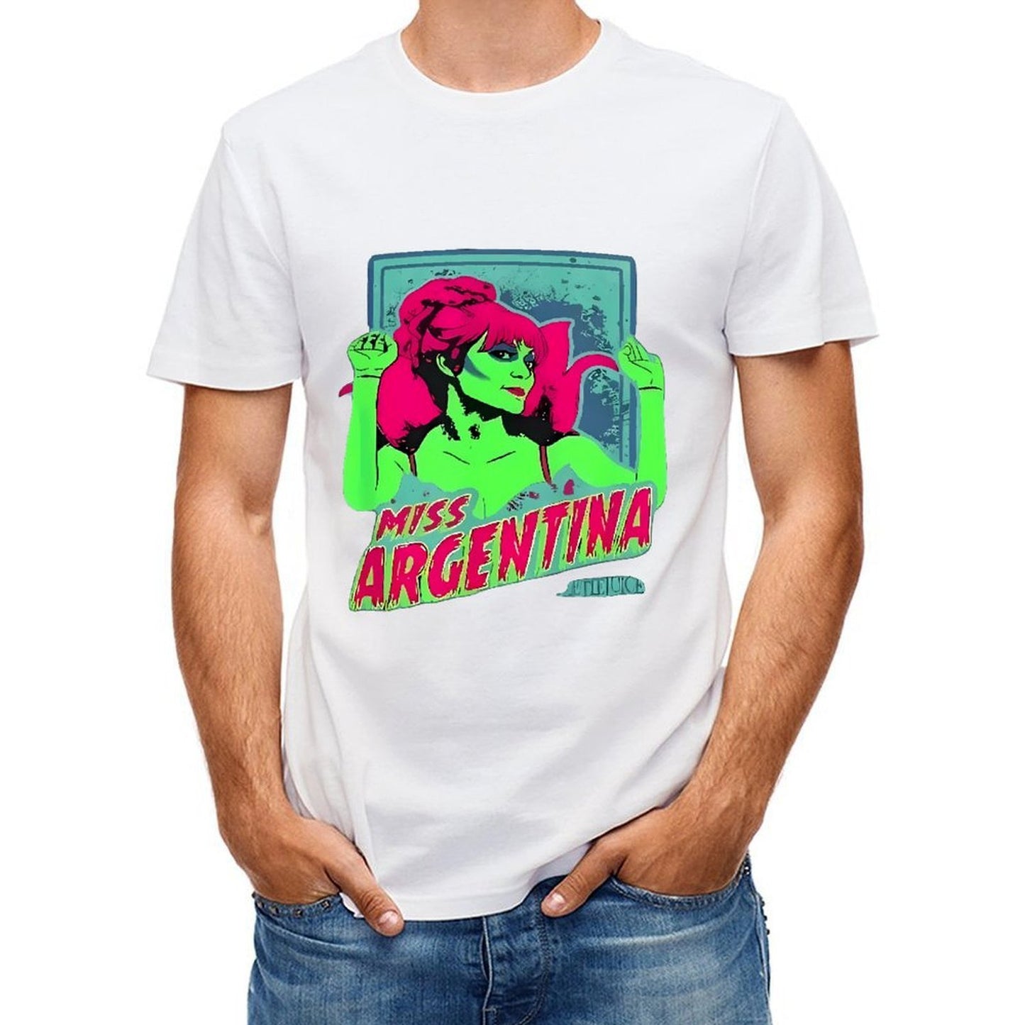 Inkmay Casual Cotton T-shirt Miss Argentina Bright Green Pink Art Unisex T-shirtEssentialFit Printing T-Shirt