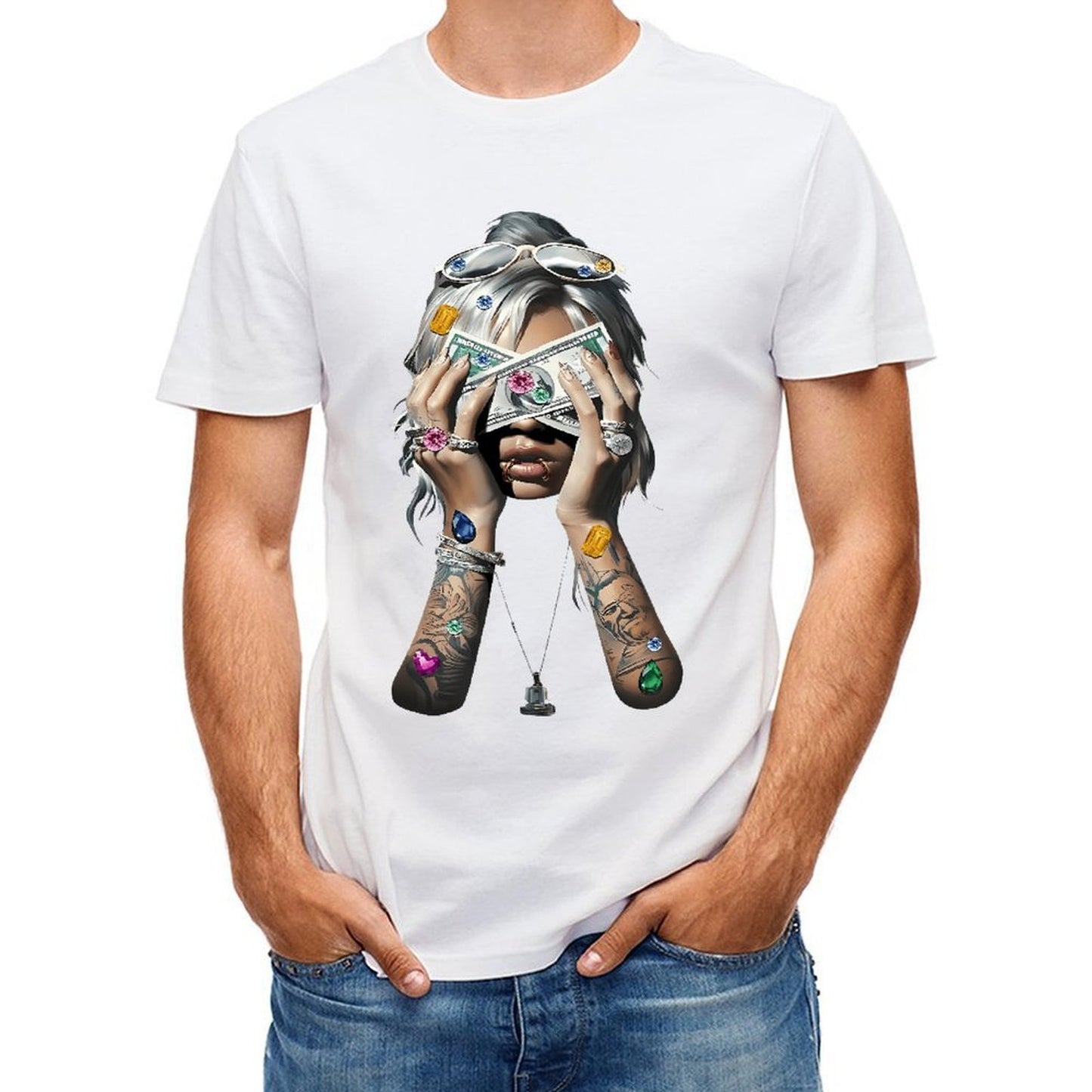 Inkmay Casual Cotton T-shirt Luxury Woman Holding Money With Gems Unisex T-shirtOriginal Chill T-Shirt