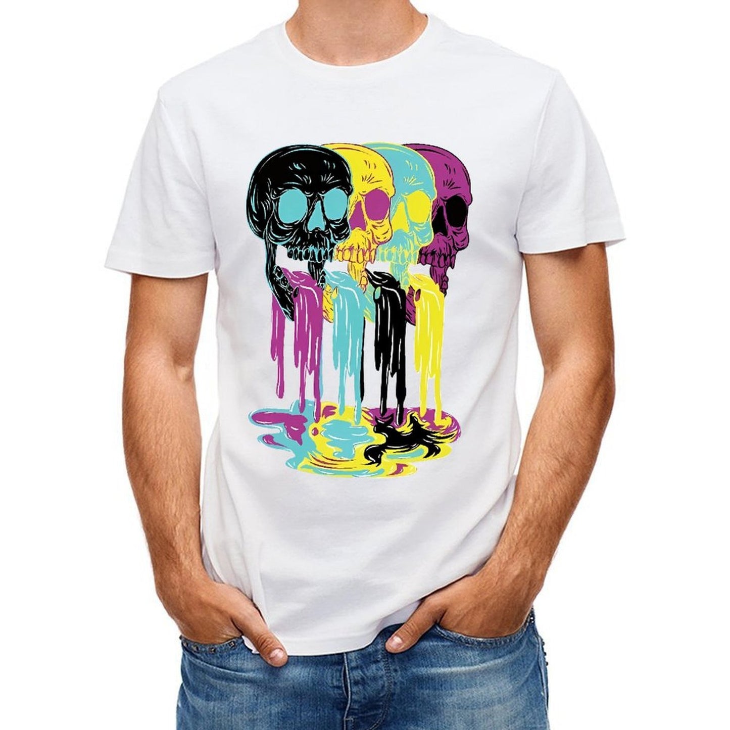 Inkmay Casual Cotton T-shirt Colorful Skulls With Dripping Paint Effects Unisex T-shirtActiveWear ComfortFit T-Shirt