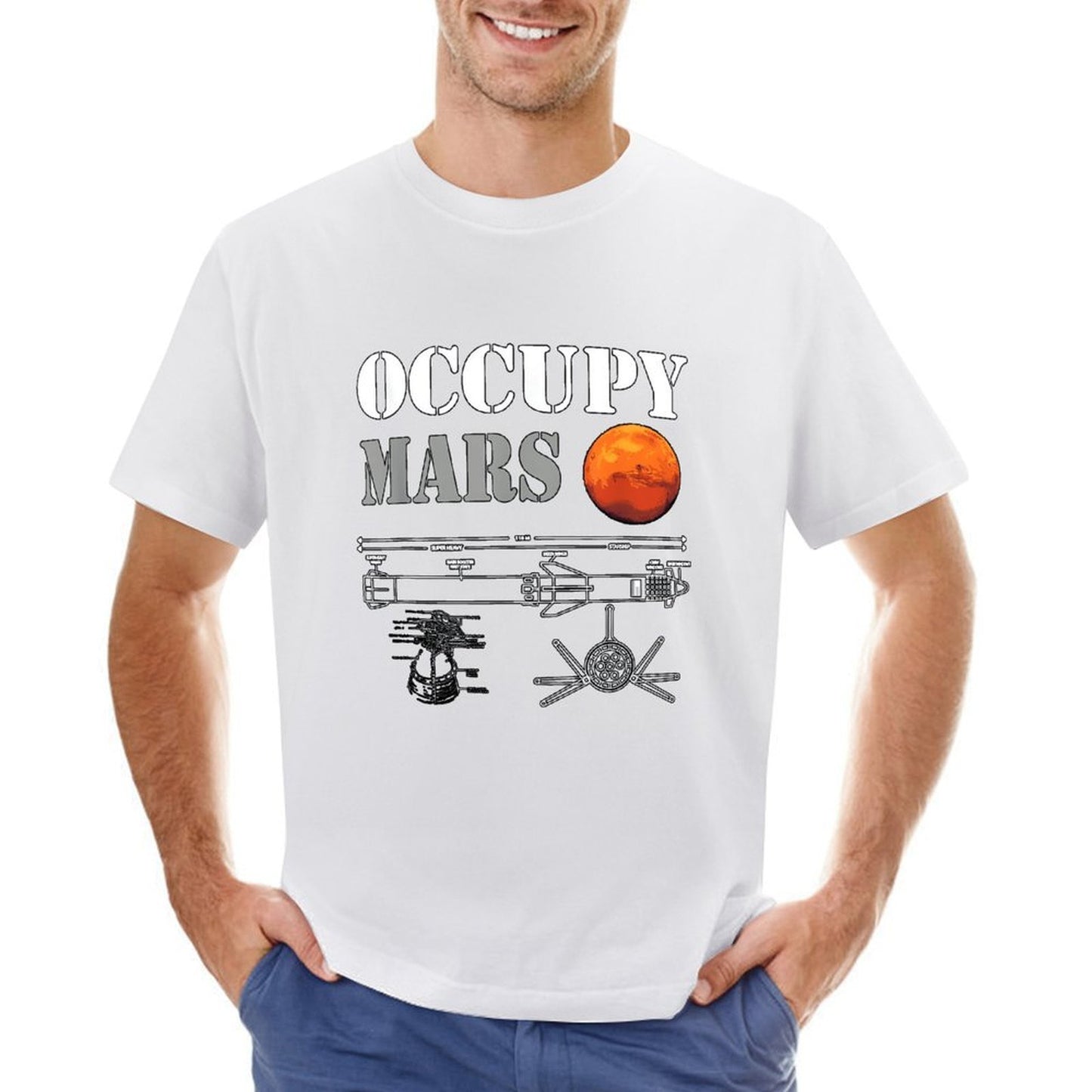 Inkmay Casual Cotton T-shirt Occupy Mars Blueprint Design Art Print Unisex T-shirtHeavyweight ActiveWear T-Shirt