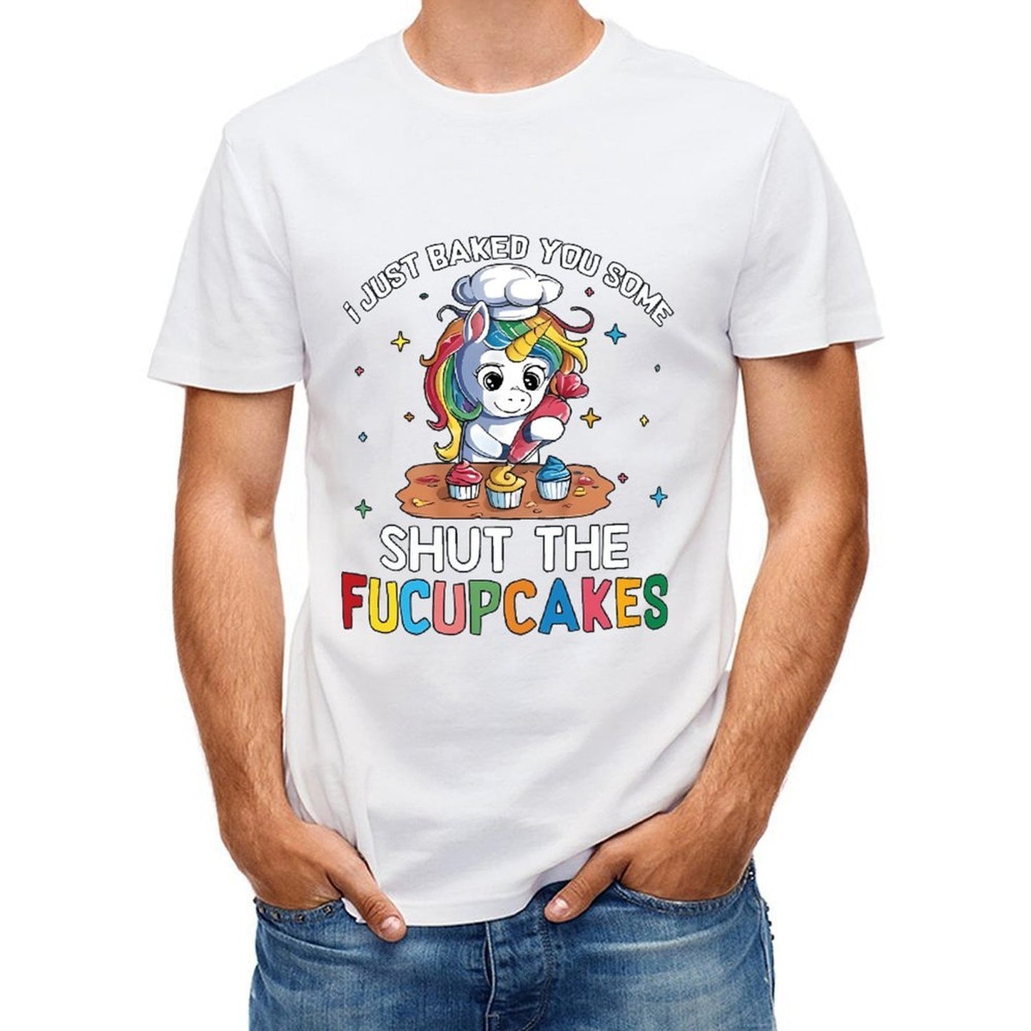 Inkmay Casual Cotton T-shirt Cute Unicorn Baking Cupcakes On Table Unisex T-shirtLong Lasting Performance T-Shirt