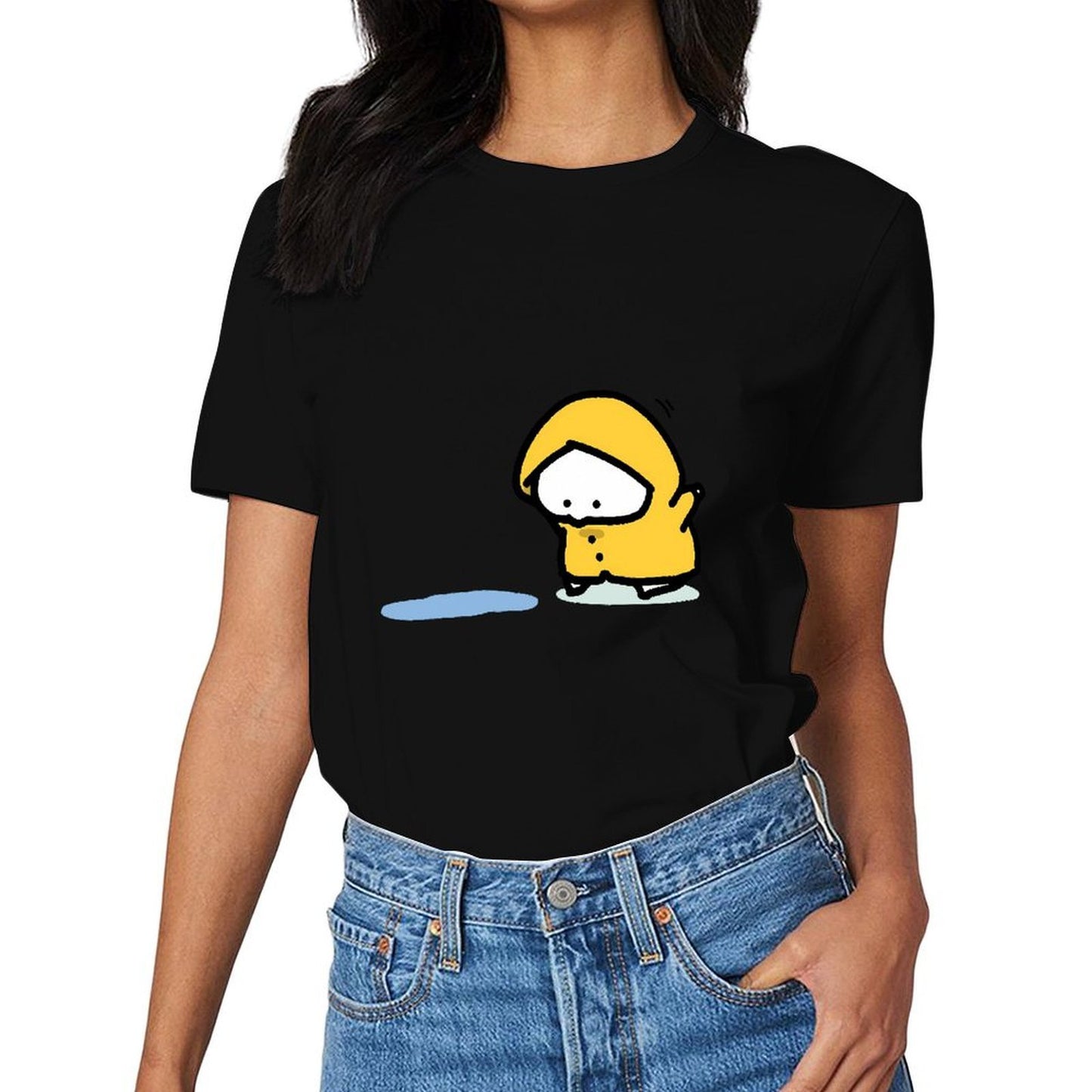Inkmay Casual Cotton T-shirt Yellow Duck Wearing Raincoat On Black Unisex T-shirtRegular Pure T-Shirt