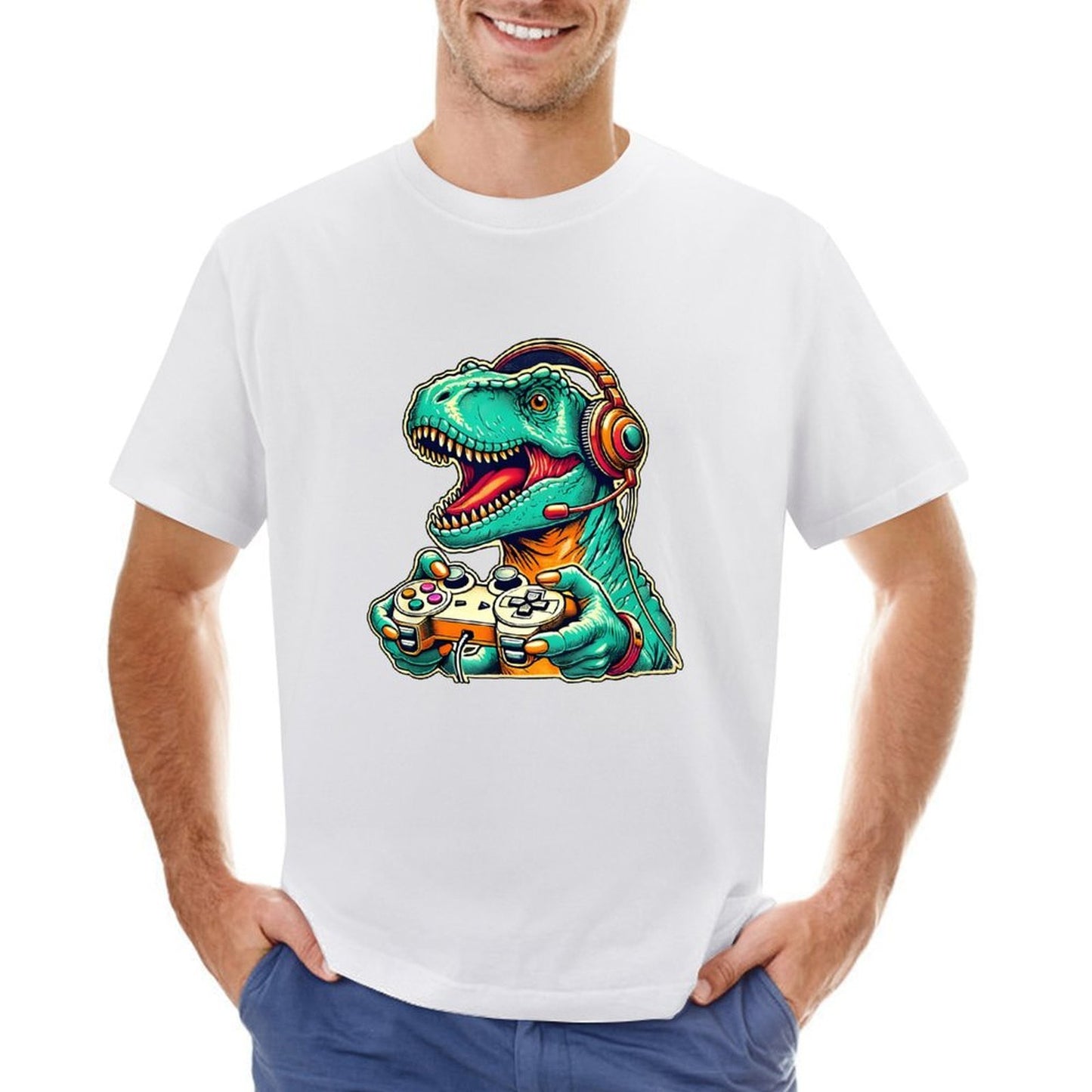 Inkmay Casual Cotton T-shirt Gaming Dinosaur With Headphones And Unisex T-shirt100% Cotton Daily T-Shirt