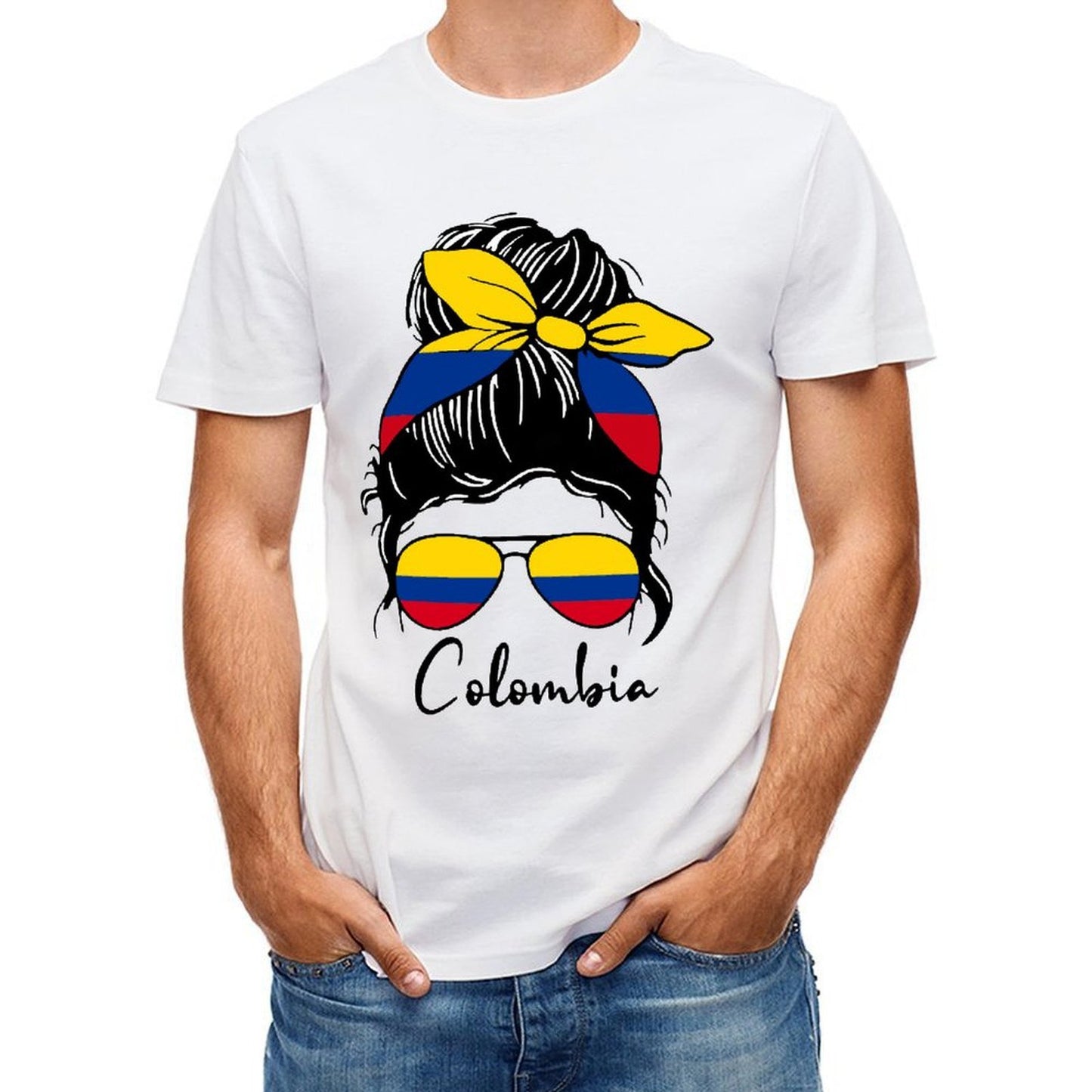 Inkmay Casual Cotton T-shirt Colombian Flag Pattern On Sunglasses Bandana Unisex T-shirtYearRound Performance T-Shirt