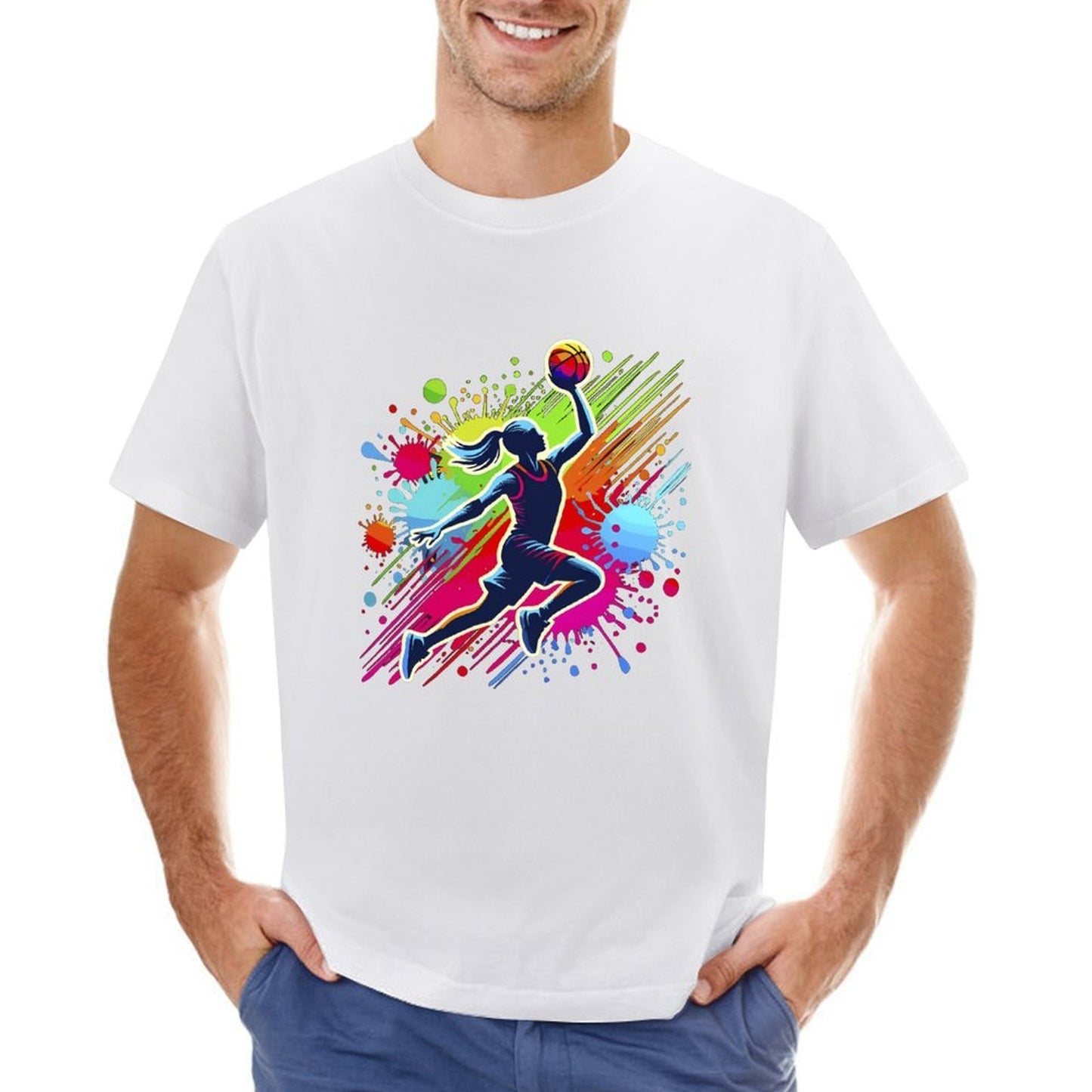 Inkmay Casual Cotton T-shirt Basketball Player With Colorful Splash Design Unisex T-shirtNeat Smooth T-Shirt