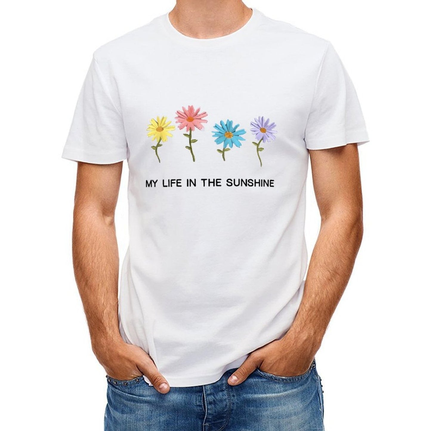 Inkmay Casual Cotton T-shirt Colorful Flowers On White Background Design Unisex T-shirtClassicSeries Tear-Resistant T-Shirt