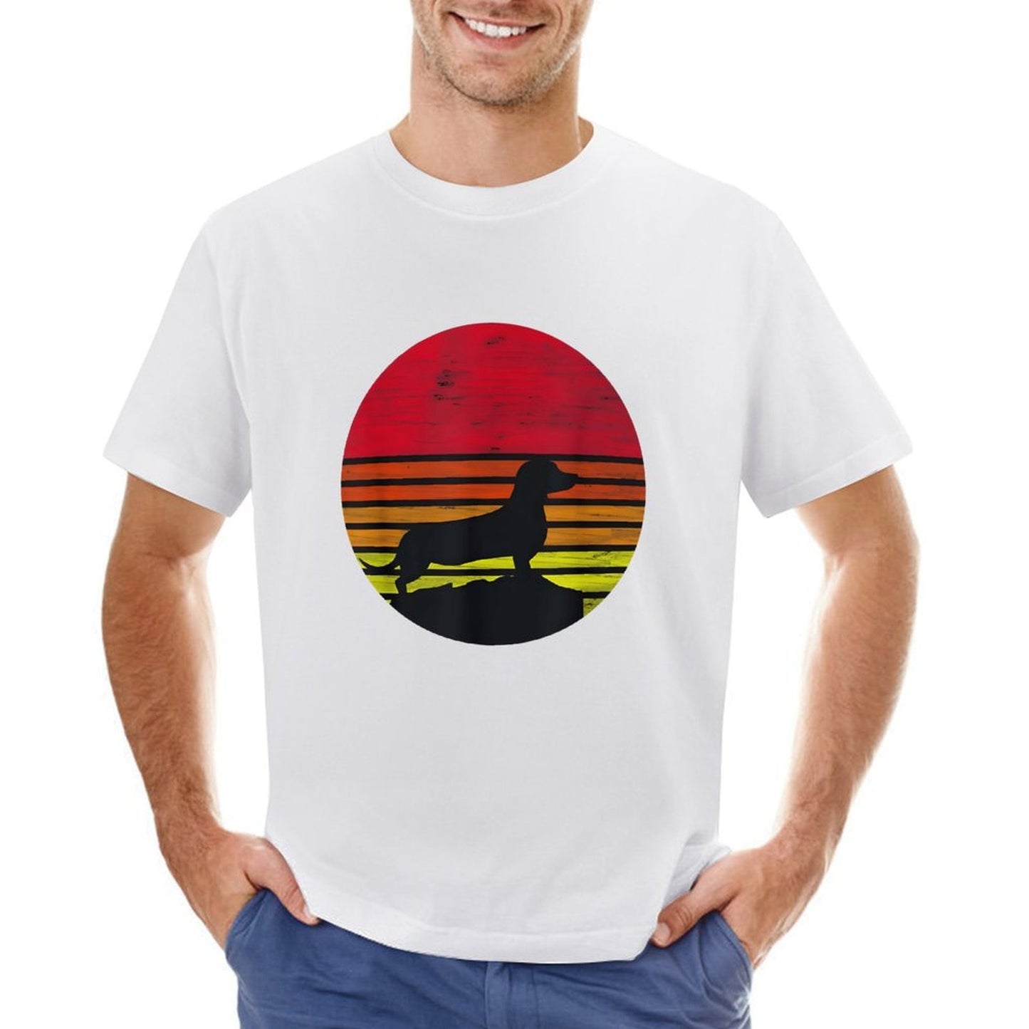Inkmay Casual Cotton T-shirt Sunset Silhouette Dog On Beach Scene Unisex T-shirtSport Urban T-Shirt