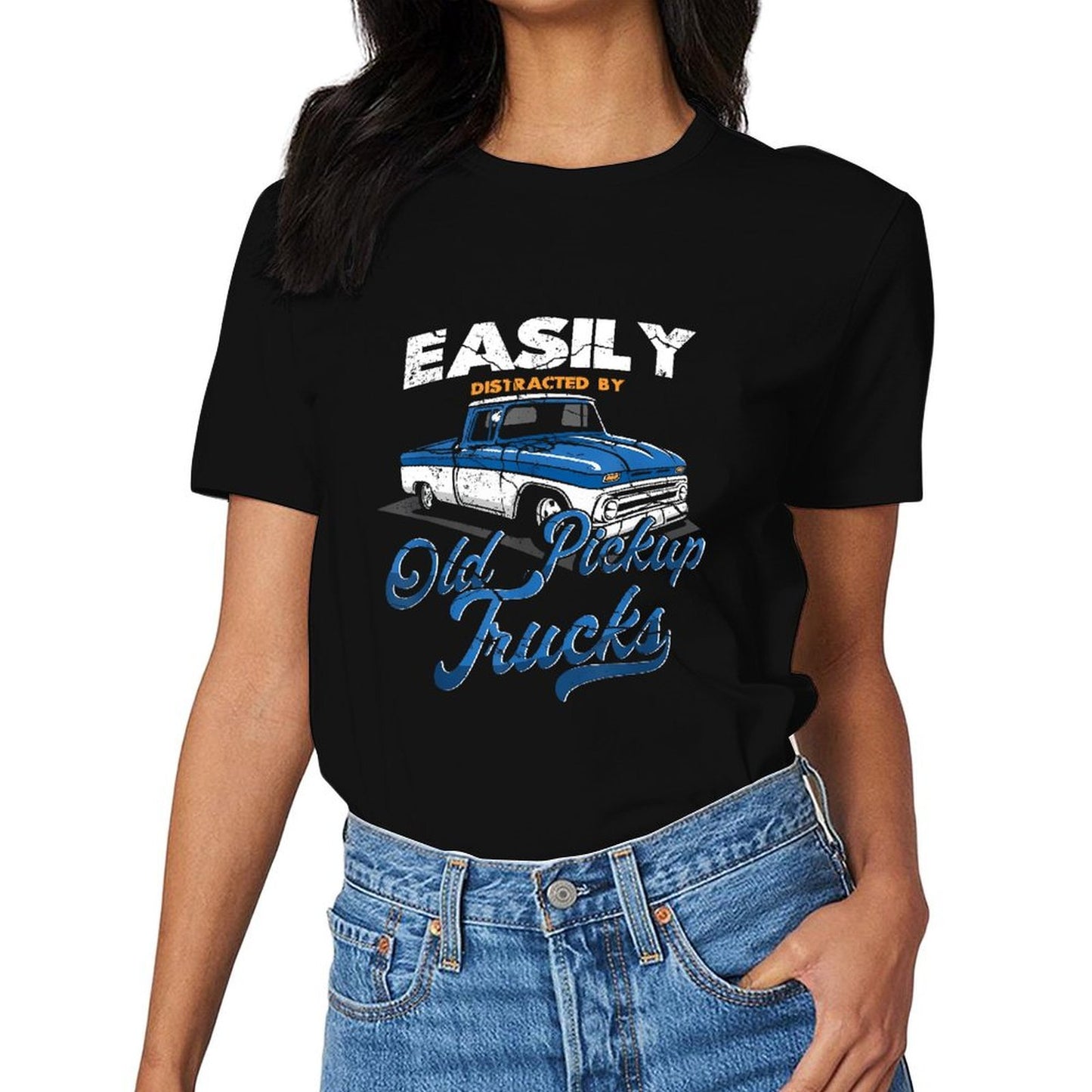 Inkmay Casual Cotton T-shirt Old Pickup Trucks Blue And White Unisex T-shirtClassicFit Smooth Feel T-Shirt