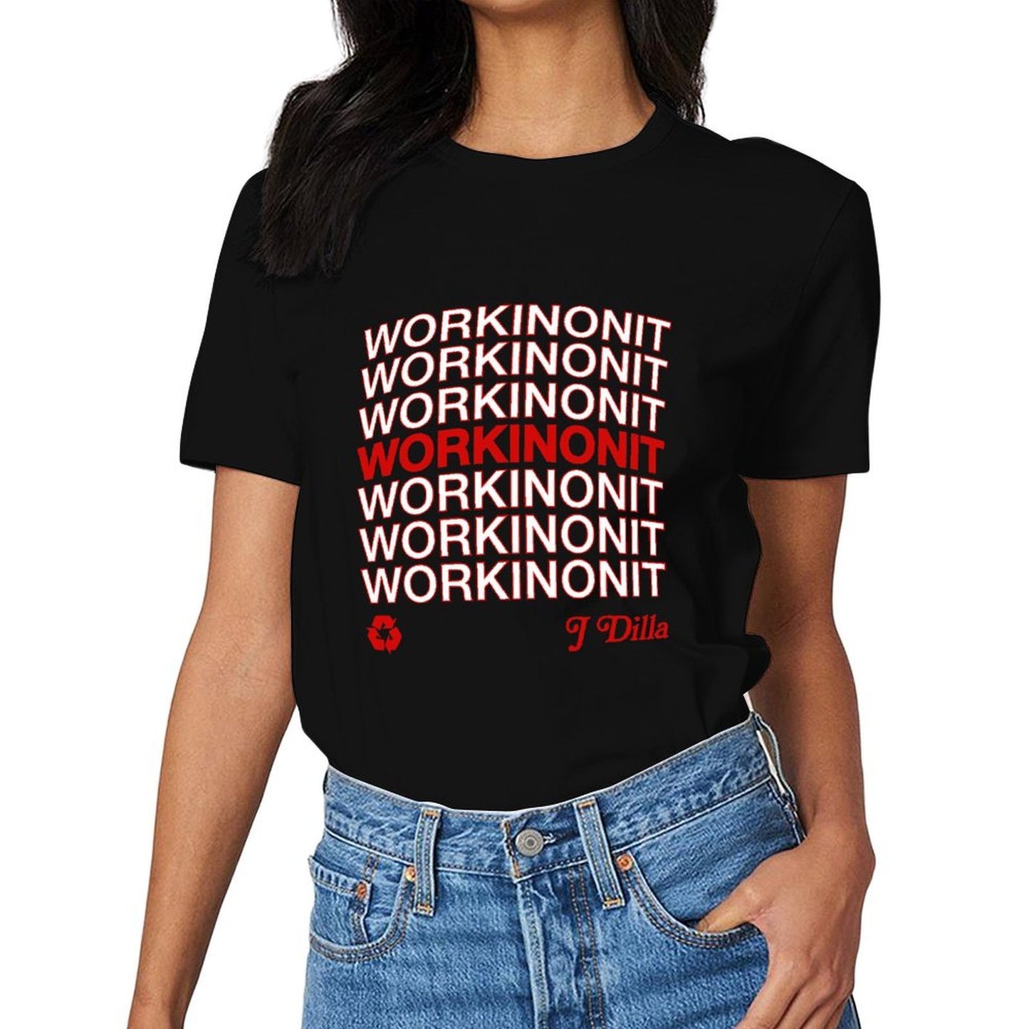 Inkmay Casual Cotton T-shirt Workinonit Pattern Printed On Red Unisex T-shirtRelaxed ClassicLine T-Shirt