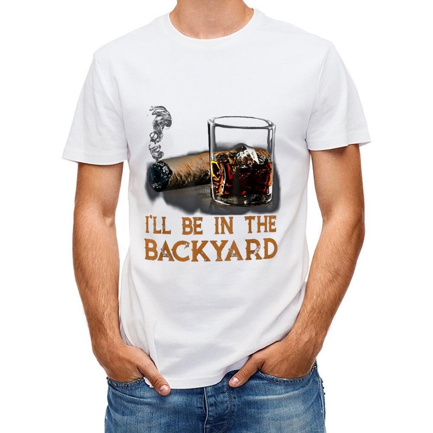 Inkmay Casual Cotton T-shirt Cigar And Whiskey Glass Displayed Unisex T-shirtDouble-Stitched Colorfast T-Shirt
