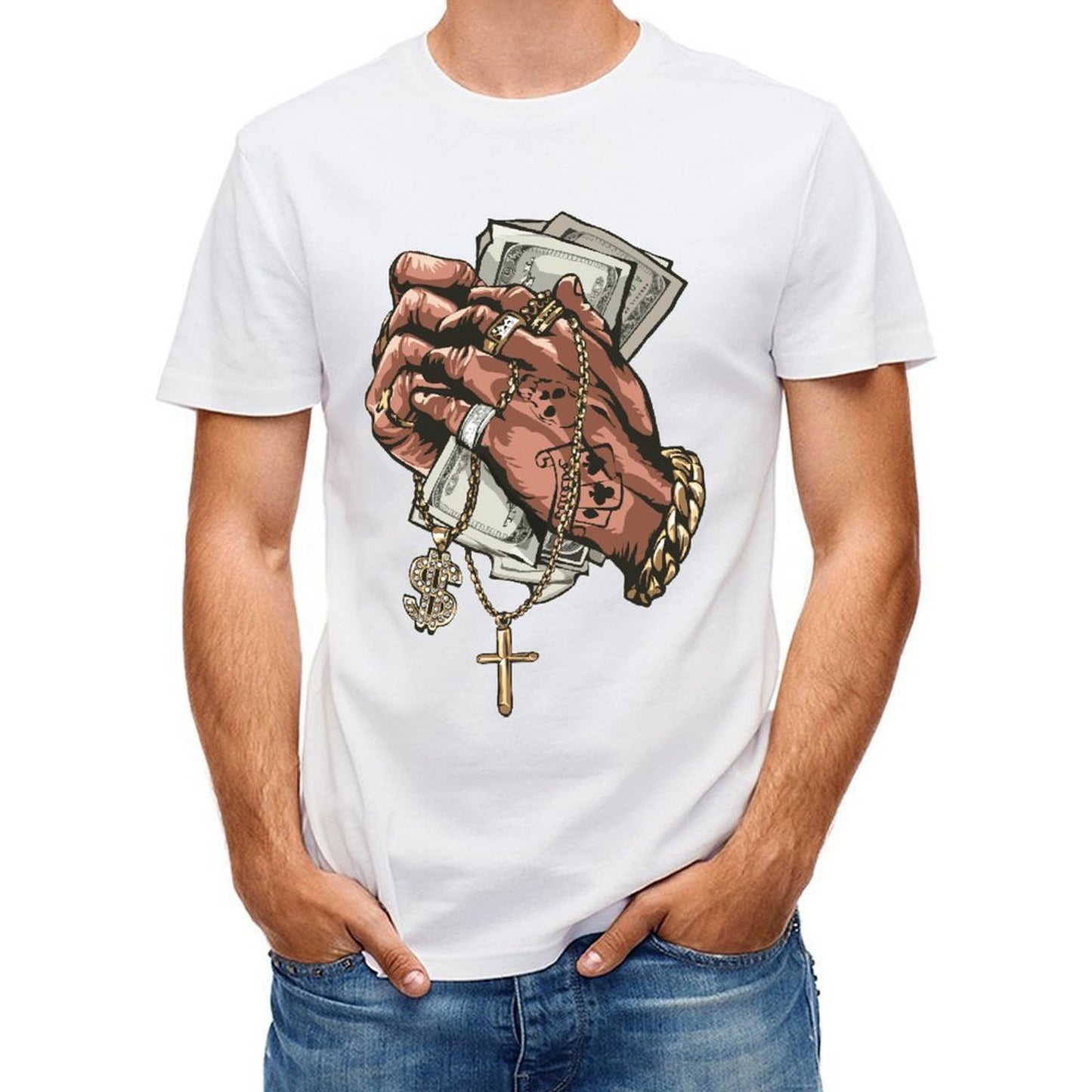 Inkmay Casual Cotton T-shirt Luxury Hands Holding Money And Jewelry Unisex T-shirtPremium Bold T-Shirt