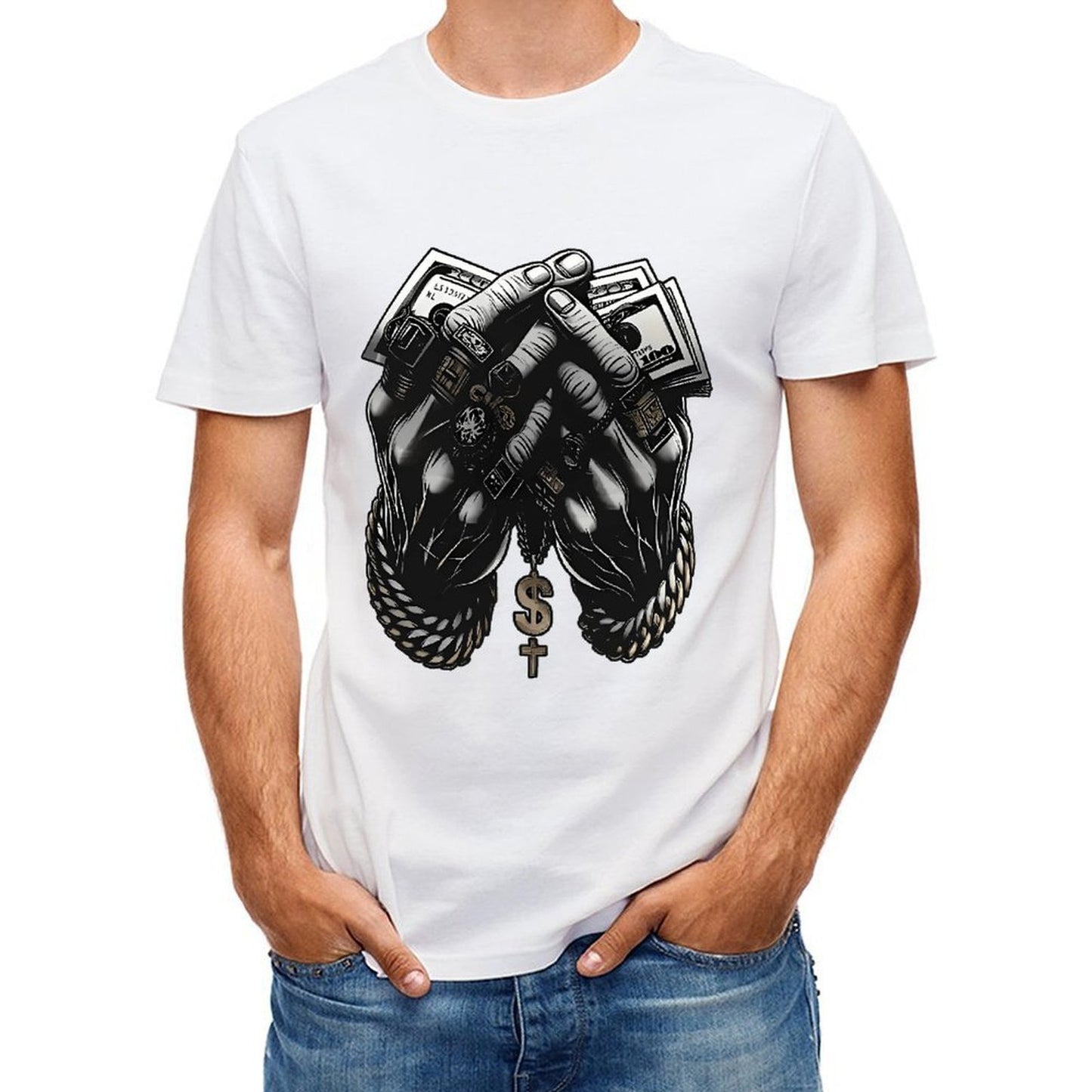 Inkmay Casual Cotton T-shirt Money Hands Rope Chain Dollar Cross Unisex T-shirtSoft SoftTouch T-Shirt