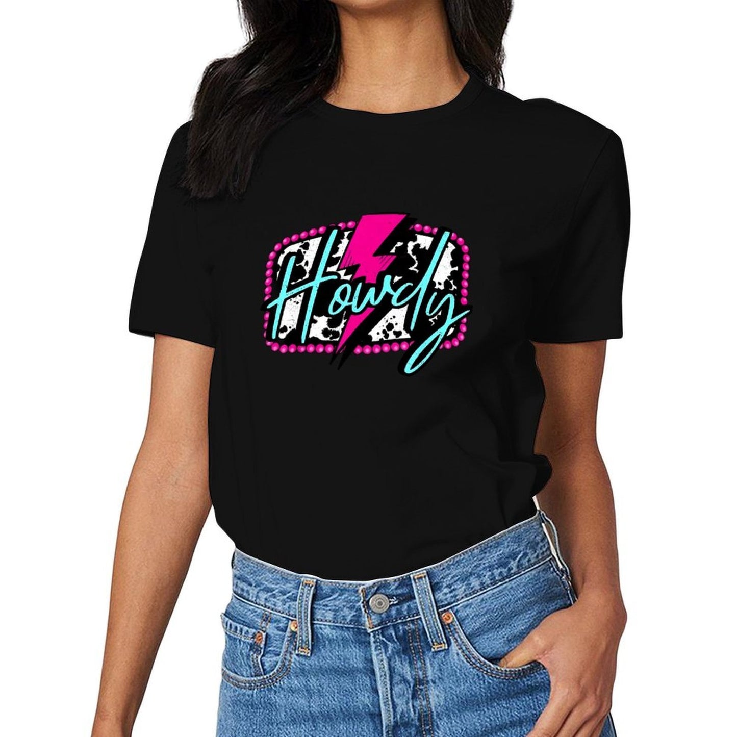 Inkmay Casual Cotton T-shirt Howdy With Pink And Teal Splashes Unisex T-shirtClassic Bold T-Shirt