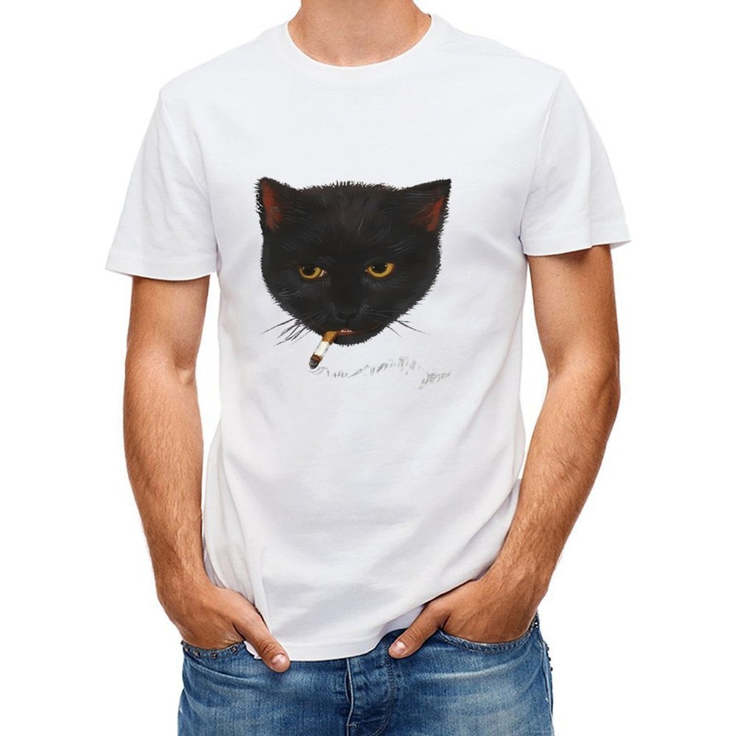 Inkmay Casual Cotton T-shirt Black Cat Smoking Cigarette Art Print Unisex T-shirtRetro Daily T-Shirt