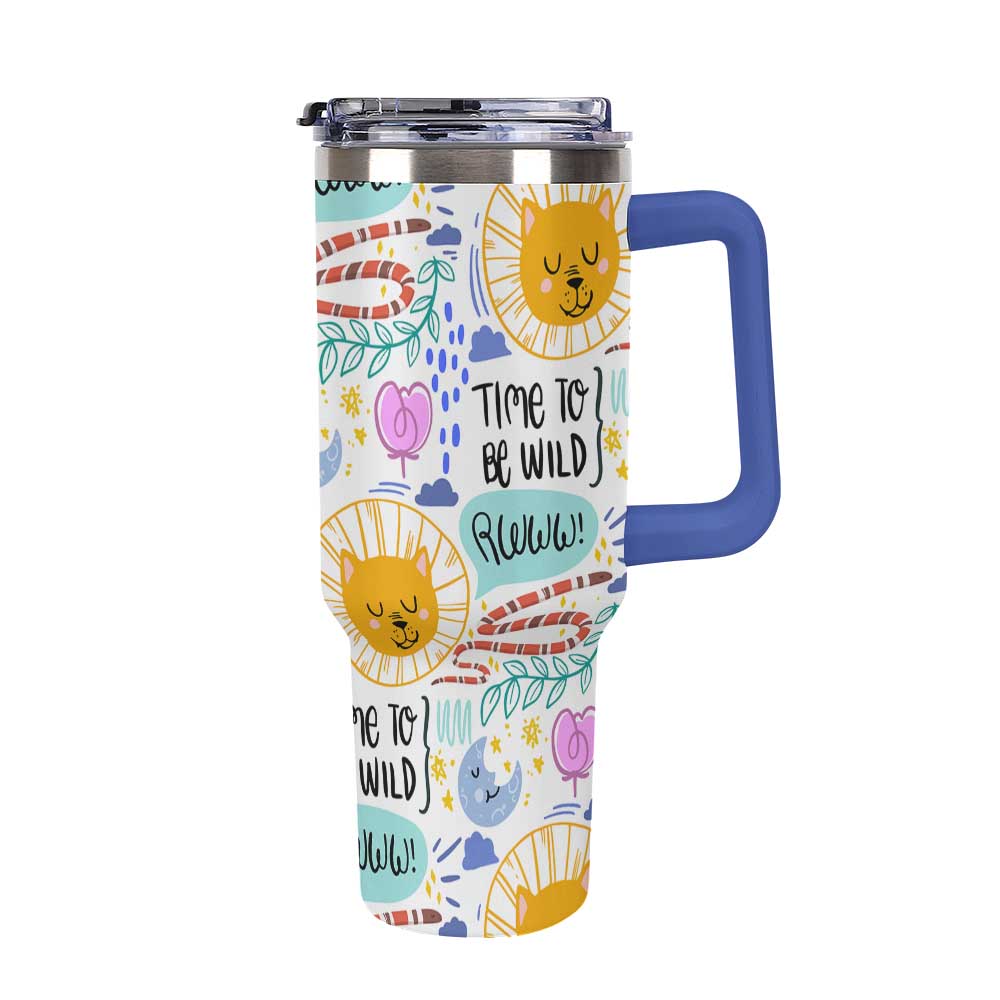Travel Mug with Handle White Colorful Sun Moon Stars and Time to Be Wild Print for Outdoor Adventures