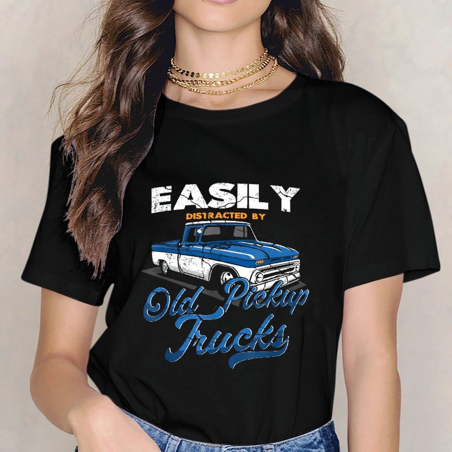 Inkmay Casual Cotton T-shirt Old Pickup Trucks Blue And White Unisex T-shirtClassicFit Smooth Feel T-Shirt