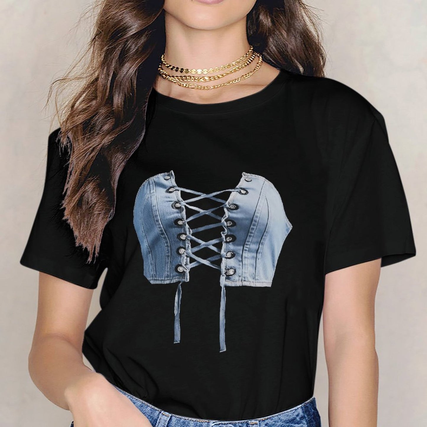 Inkmay Casual Cotton T-shirt Denim Material With Lace Up Design Unisex T-shirtShrink-Resistant Fade-Proof T-Shirt