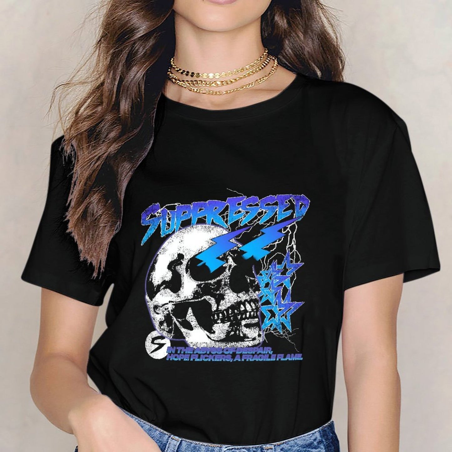 Inkmay Casual Cotton T-shirt Skull Design With Lightning And Stars Unisex T-shirtSoftTouch Seamless T-Shirt