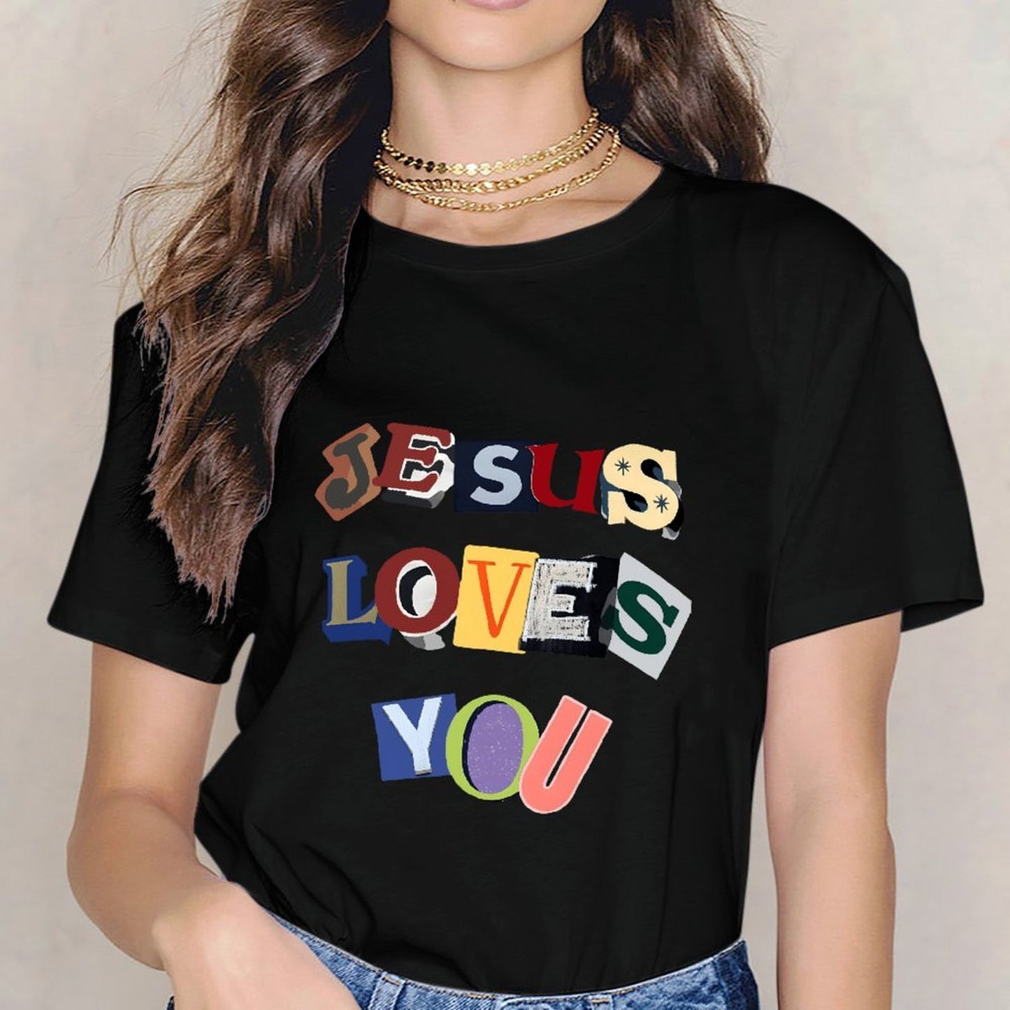 Inkmay Casual Cotton T-shirt Jesus Loves You Colorful Text Art Unisex T-shirtTrueComfort Crisp Print T-Shirt
