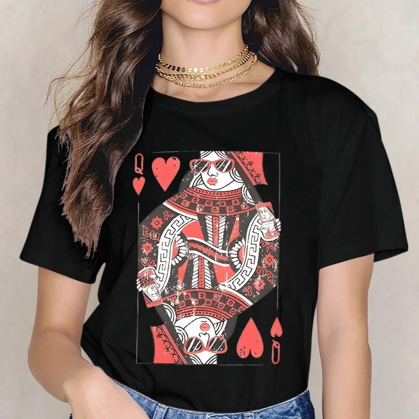 Inkmay Casual Cotton T-shirt Queen Of Hearts Playing Card Design Unisex T-shirtTear-Resistant EasyWear T-Shirt