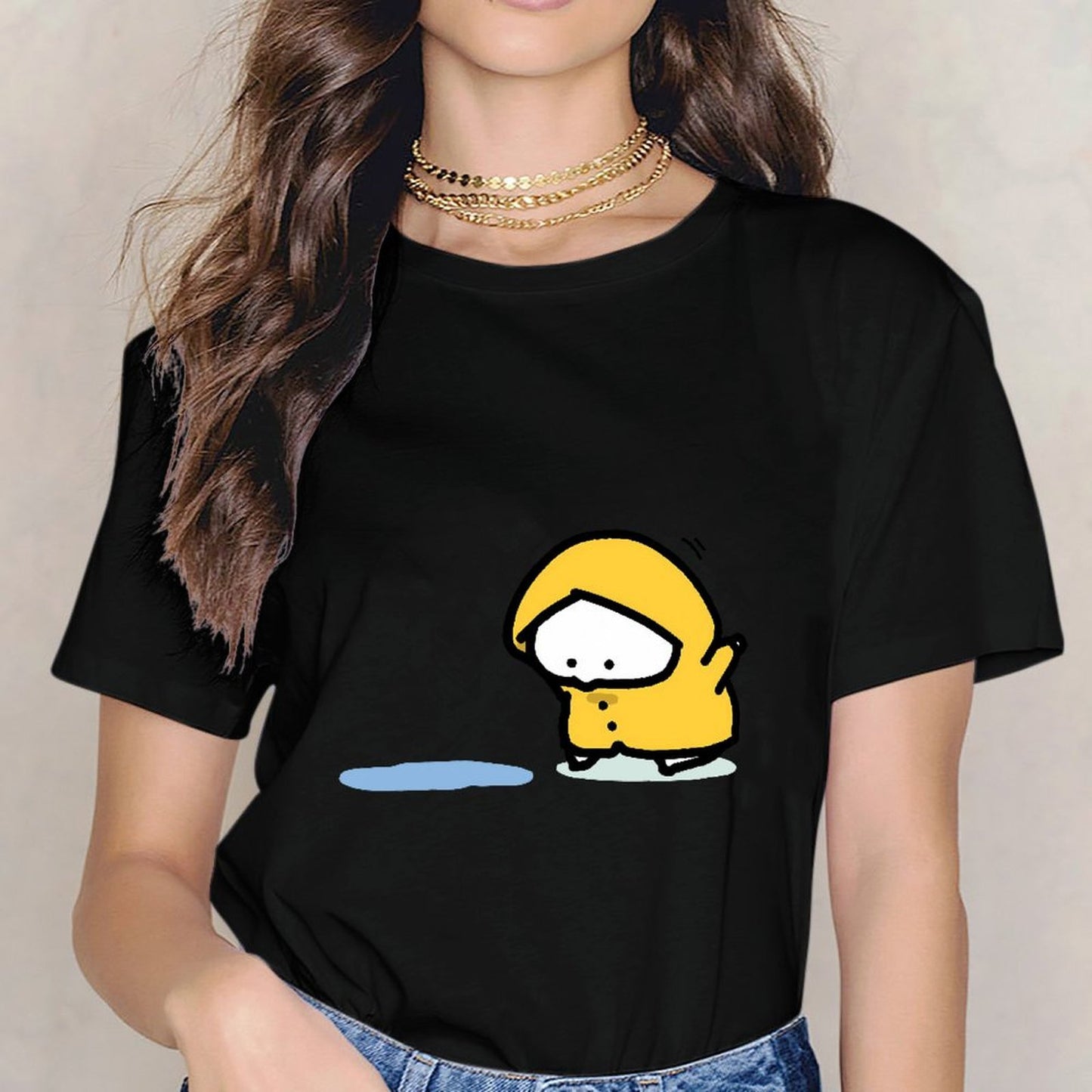 Inkmay Casual Cotton T-shirt Yellow Duck Wearing Raincoat On Black Unisex T-shirtRegular Pure T-Shirt