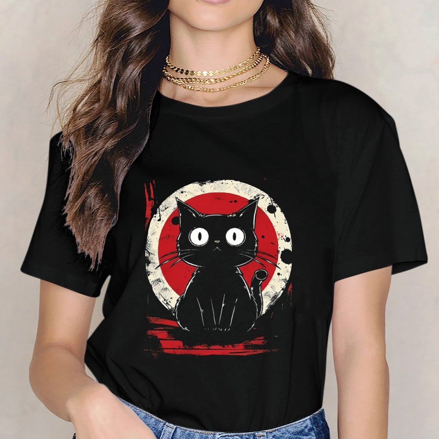 Inkmay Casual Cotton T-shirt Cat With Red And White Background Unisex T-shirtLogo-Ready TrueFit T-Shirt